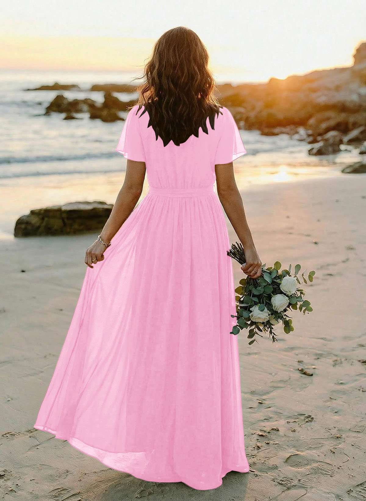 A-Line V-Neck Short Sleeves Chiffon Floor-Length Bridesmaid Dresses With Bow(s), product image 53