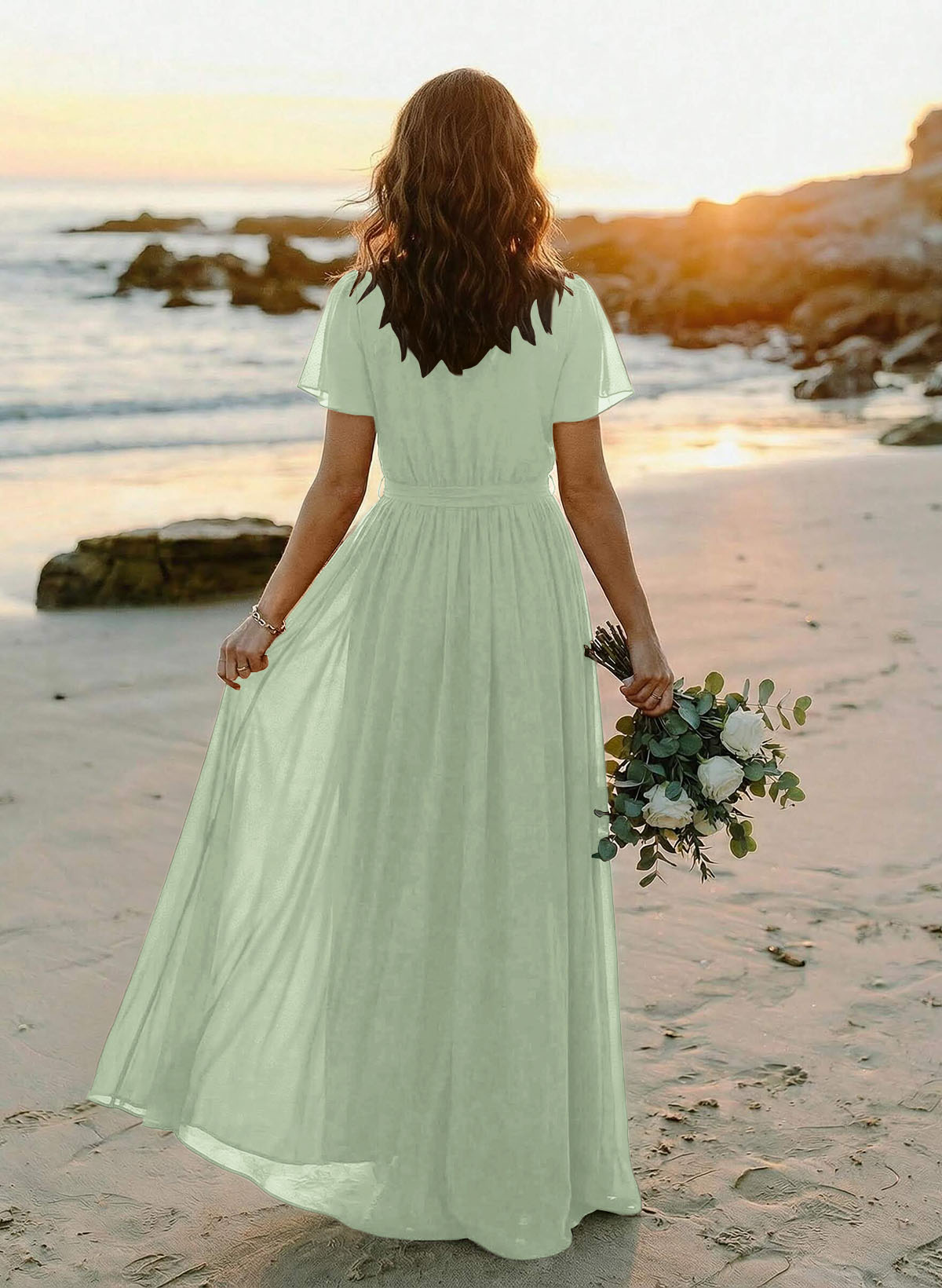 A-Line V-Neck Short Sleeves Chiffon Floor-Length Bridesmaid Dresses With Bow(s), product image 89