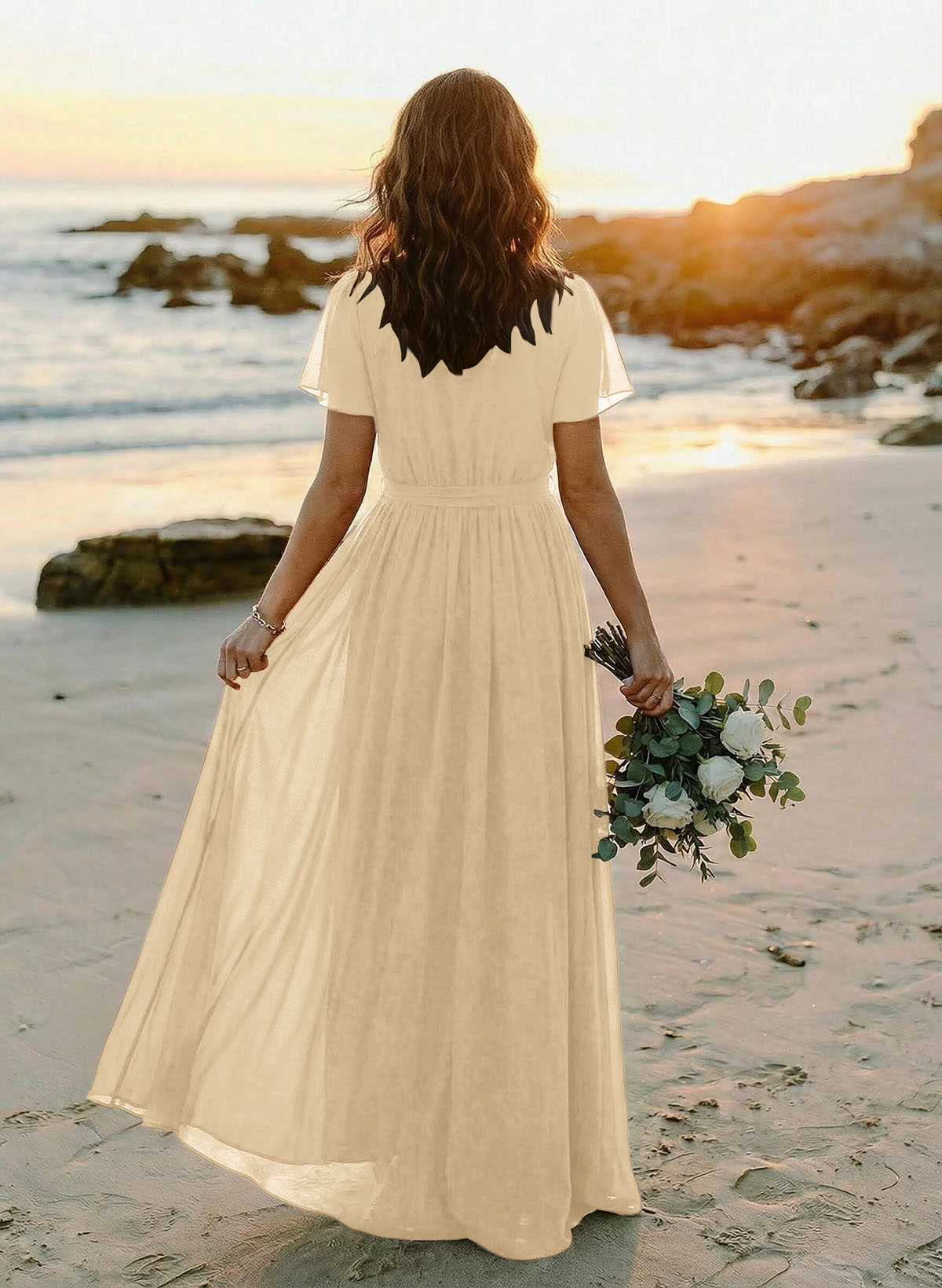A-Line V-Neck Short Sleeves Chiffon Floor-Length Bridesmaid Dresses With Bow(s), product image 97