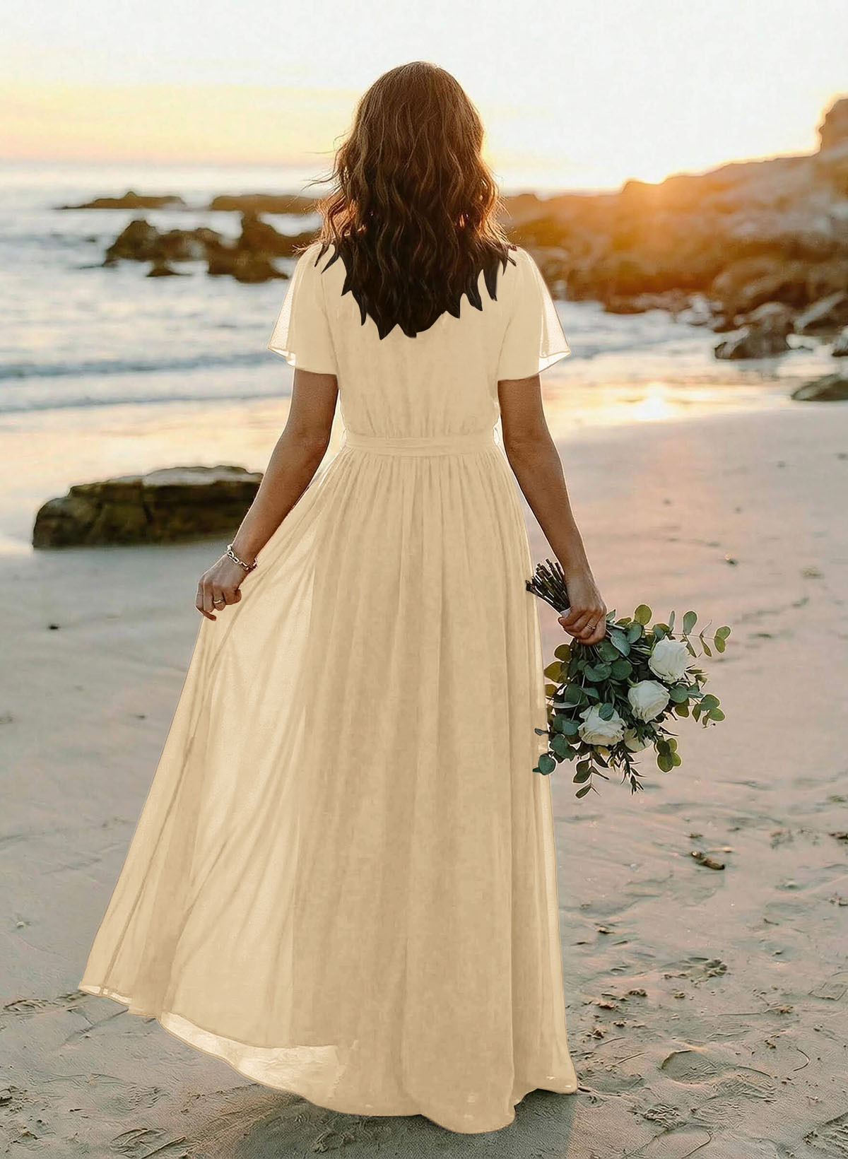 A-Line V-Neck Short Sleeves Chiffon Floor-Length Bridesmaid Dresses With Bow(s), product image 97