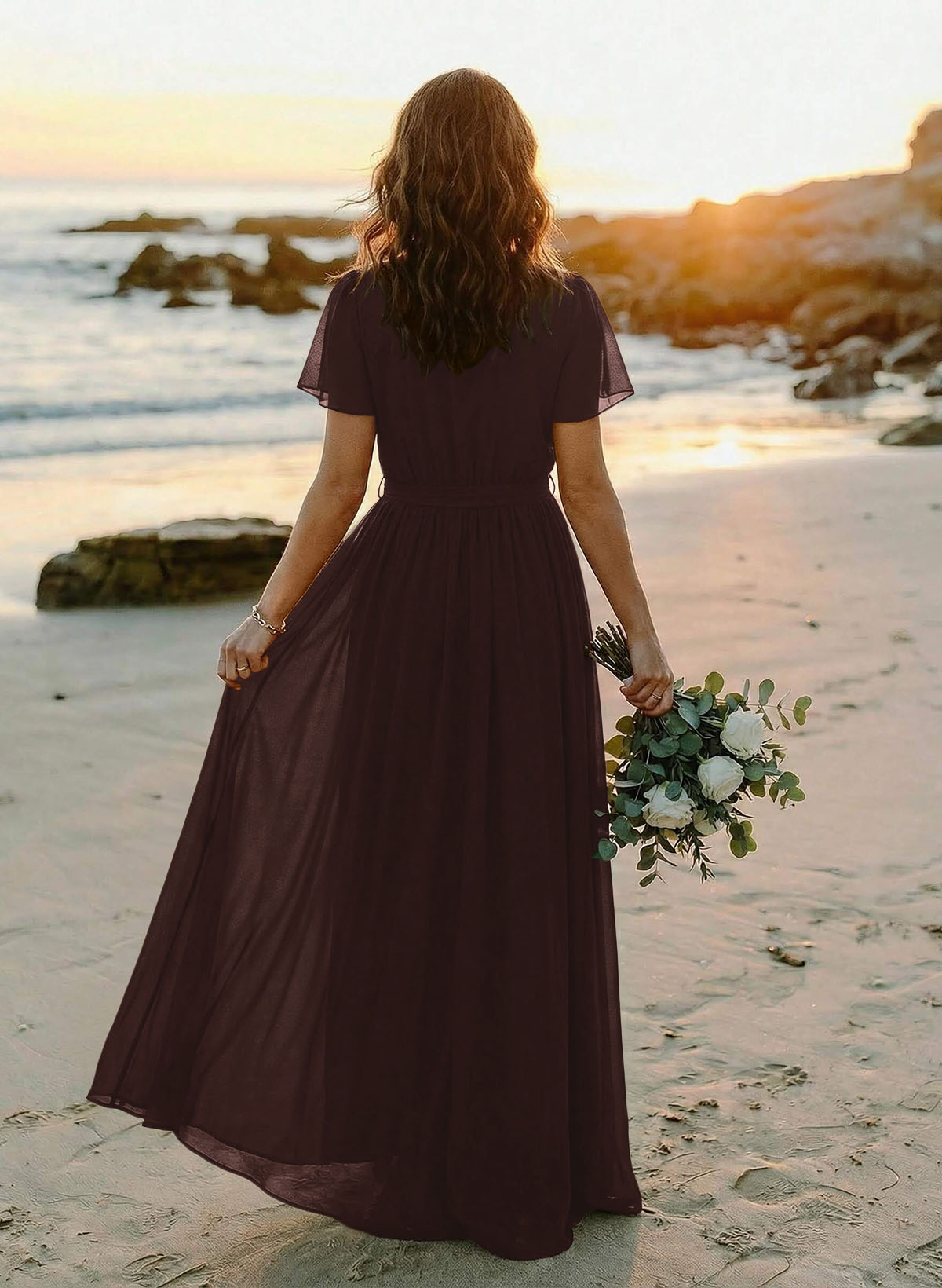 A-Line V-Neck Short Sleeves Chiffon Floor-Length Bridesmaid Dresses With Bow(s), product image 109