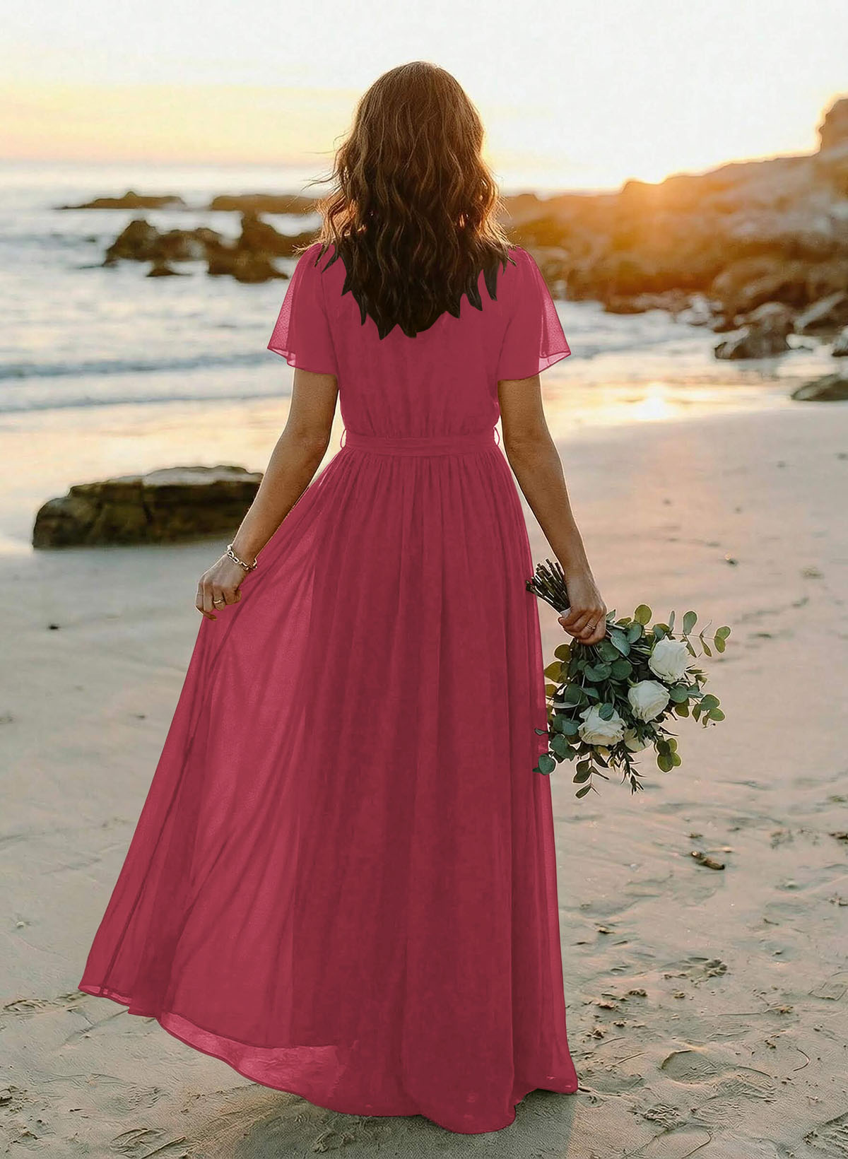 A-Line V-Neck Short Sleeves Chiffon Floor-Length Bridesmaid Dresses With Bow(s), product image 31