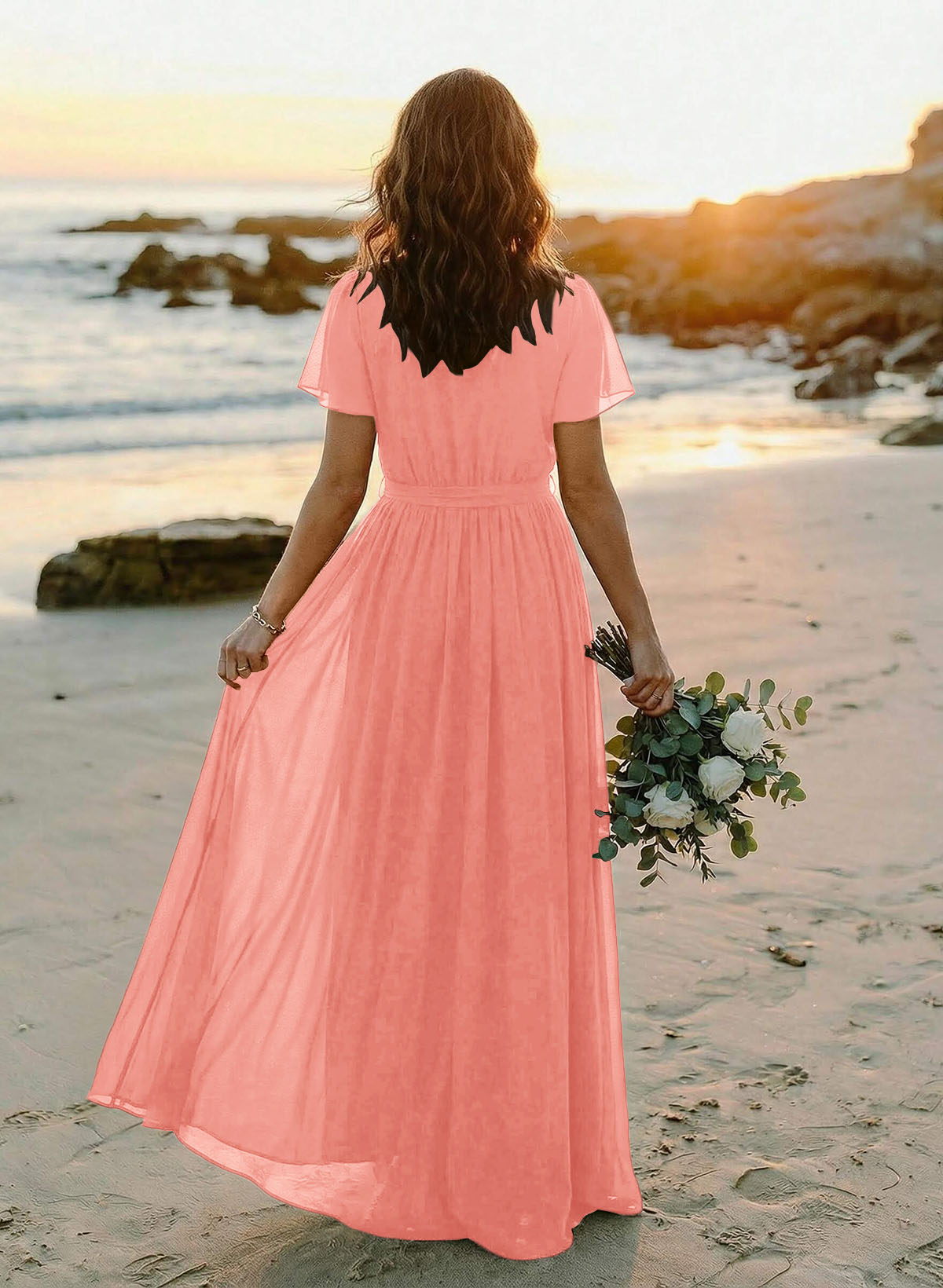 A-Line V-Neck Short Sleeves Chiffon Floor-Length Bridesmaid Dresses With Bow(s), product image 49