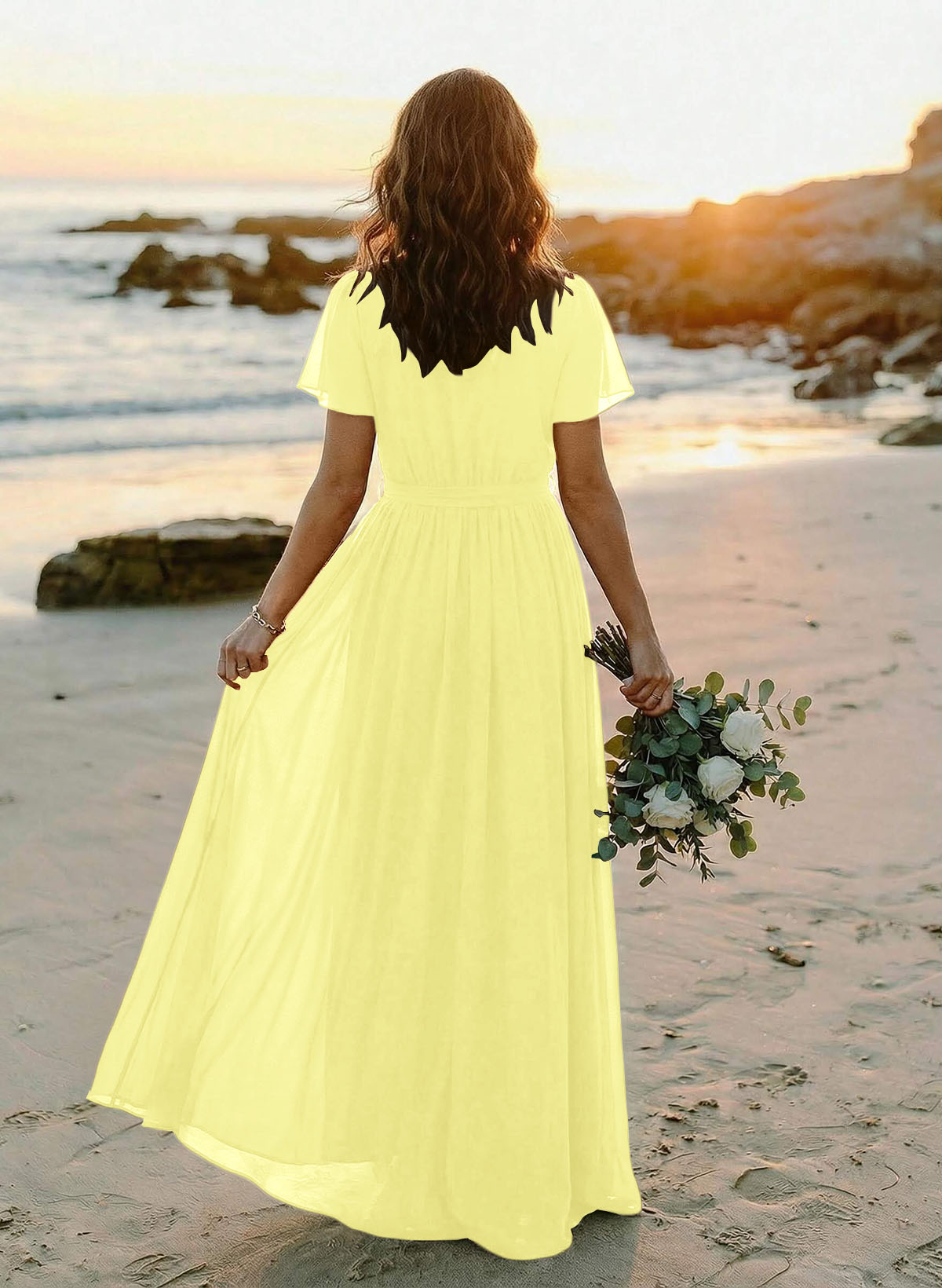 A-Line V-Neck Short Sleeves Chiffon Floor-Length Bridesmaid Dresses With Bow(s), product image 101