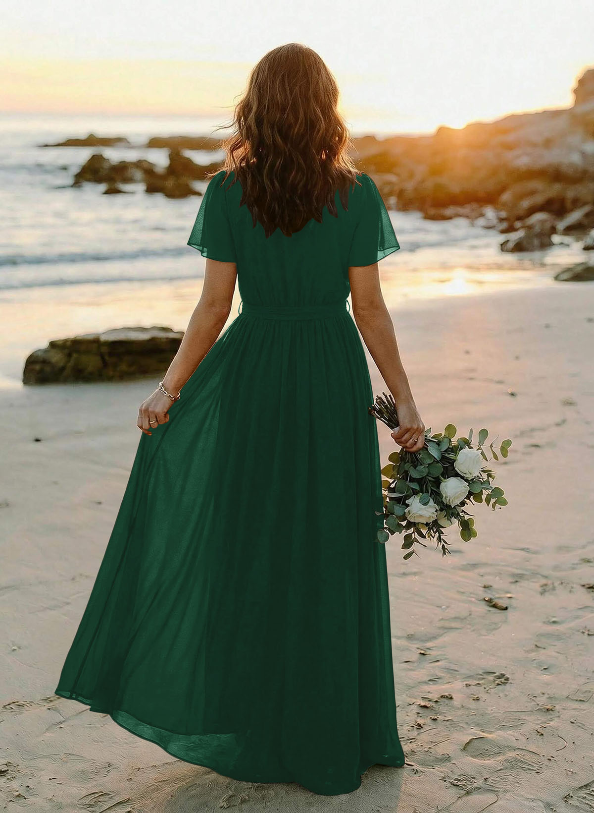 A-Line V-Neck Short Sleeves Chiffon Floor-Length Bridesmaid Dresses With Bow(s), product image 81