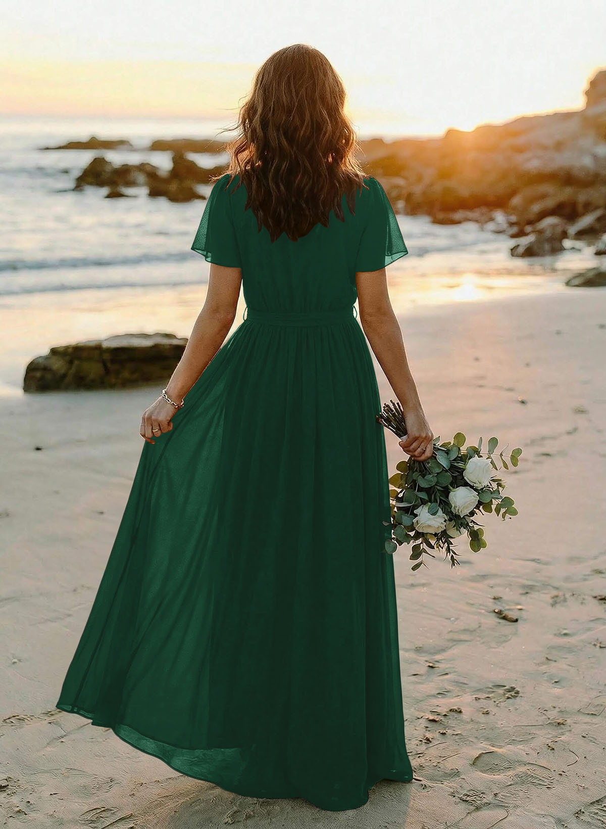 A-Line V-Neck Short Sleeves Chiffon Floor-Length Bridesmaid Dresses With Bow(s), product image 81