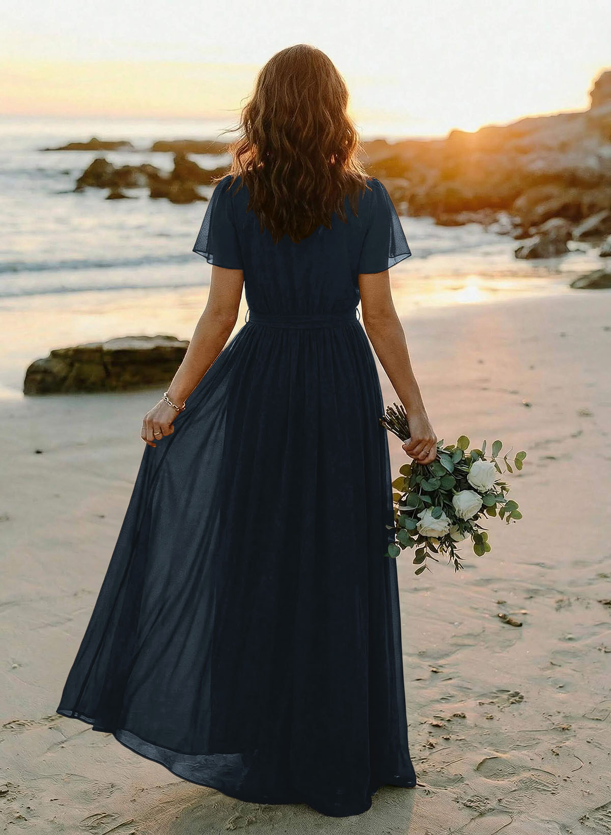 A-Line V-Neck Short Sleeves Chiffon Floor-Length Bridesmaid Dresses With Bow(s), product image 5