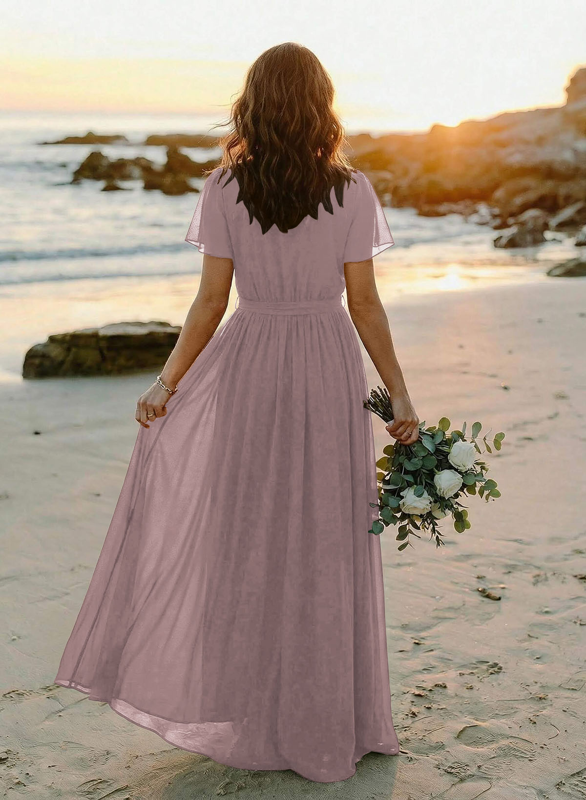 A-Line V-Neck Short Sleeves Chiffon Floor-Length Bridesmaid Dresses With Bow(s), product image 55