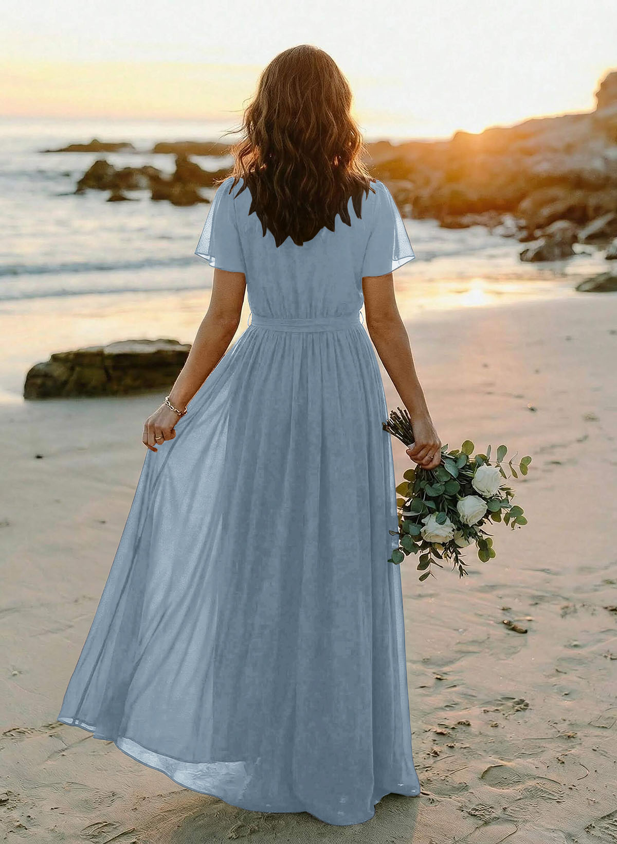 A-Line V-Neck Short Sleeves Chiffon Floor-Length Bridesmaid Dresses With Bow(s), product image 9