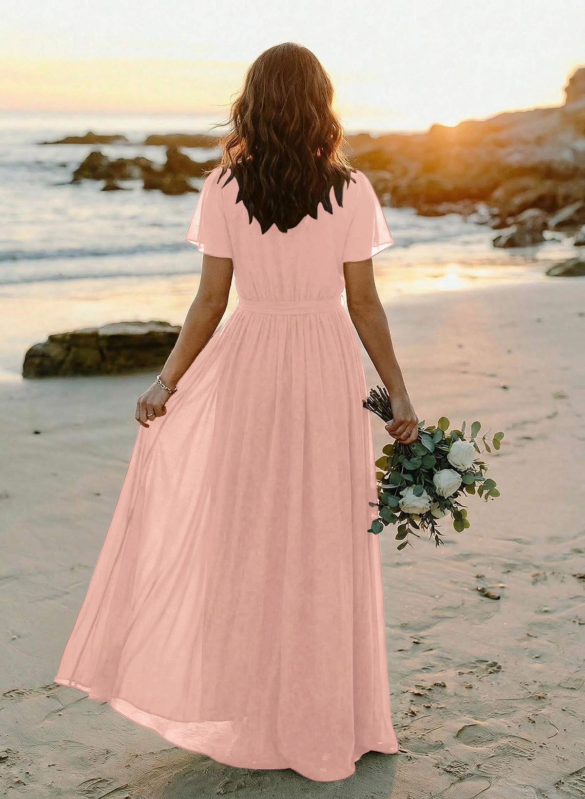 A-Line V-Neck Short Sleeves Chiffon Floor-Length Bridesmaid Dresses With Bow(s), product image 41