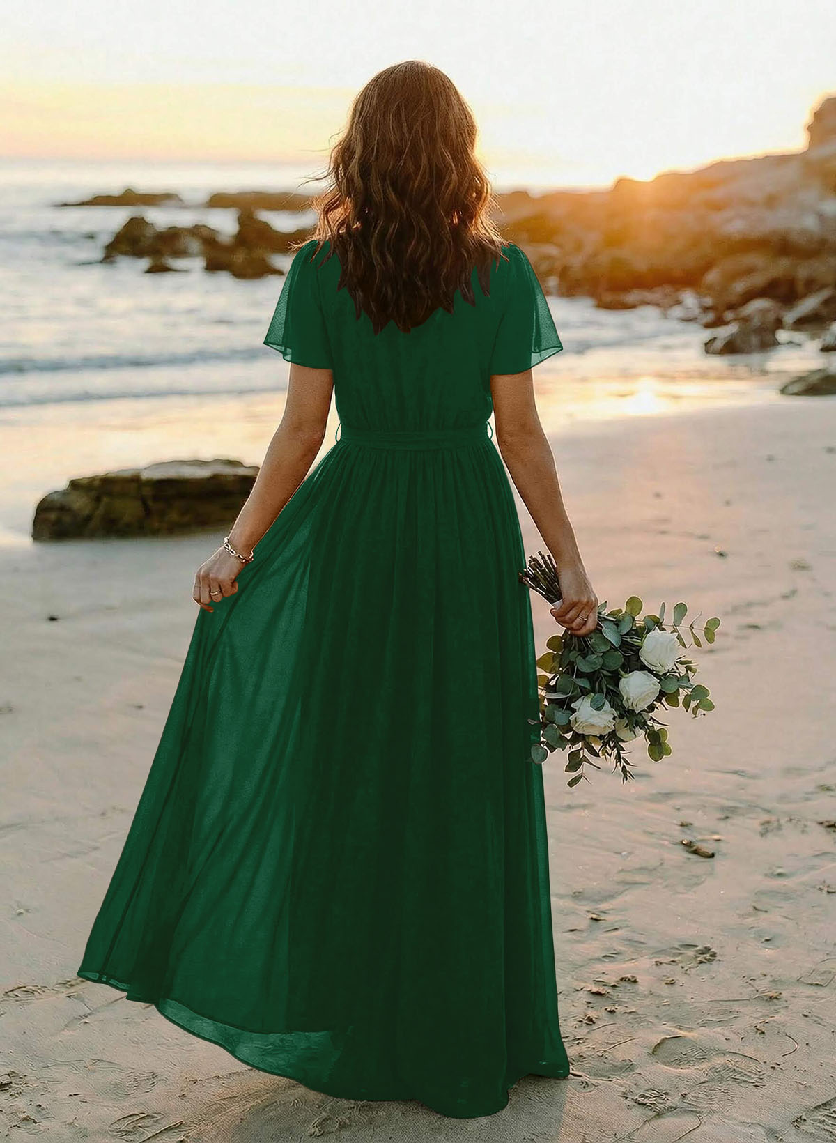 A-Line V-Neck Short Sleeves Chiffon Floor-Length Bridesmaid Dresses With Bow(s), product image 131