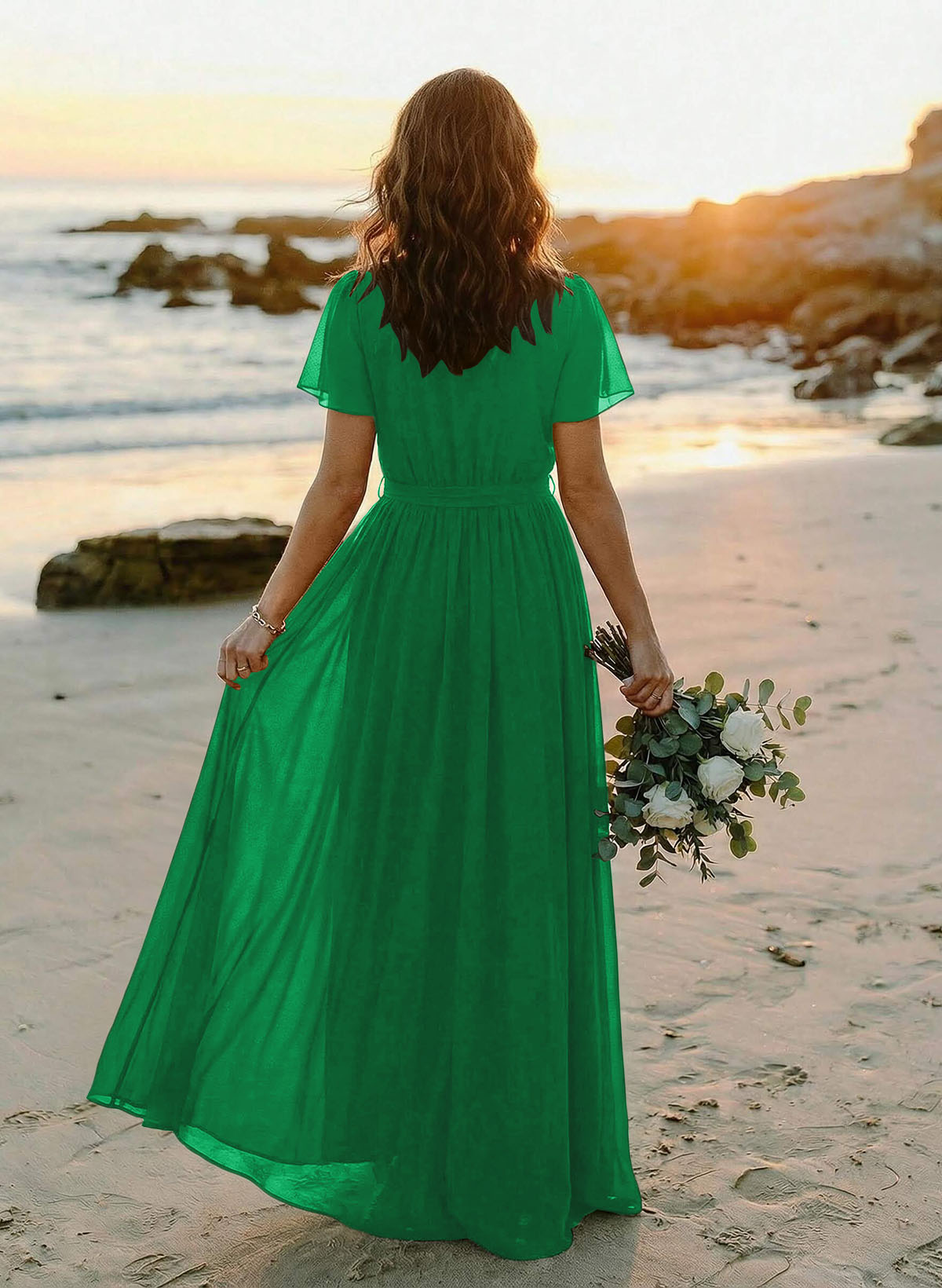 A-Line V-Neck Short Sleeves Chiffon Floor-Length Bridesmaid Dresses With Bow(s), product image 129