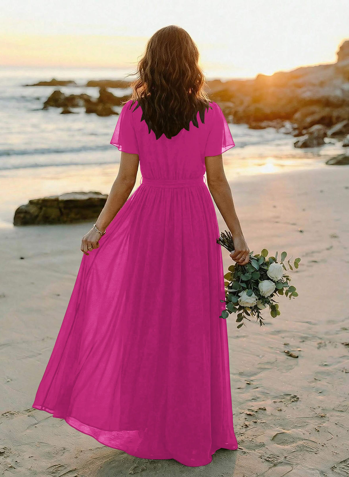 A-Line V-Neck Short Sleeves Chiffon Floor-Length Bridesmaid Dresses With Bow(s), product image 77