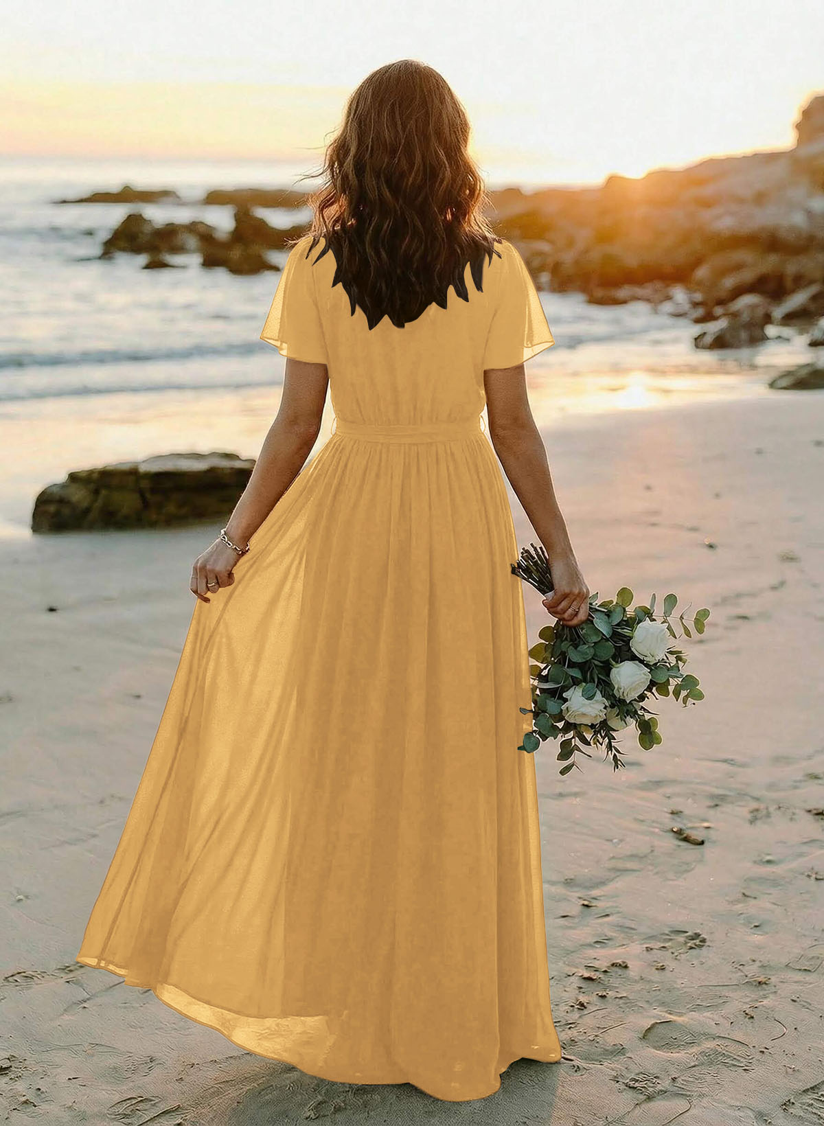 A-Line V-Neck Short Sleeves Chiffon Floor-Length Bridesmaid Dresses With Bow(s), product image 103