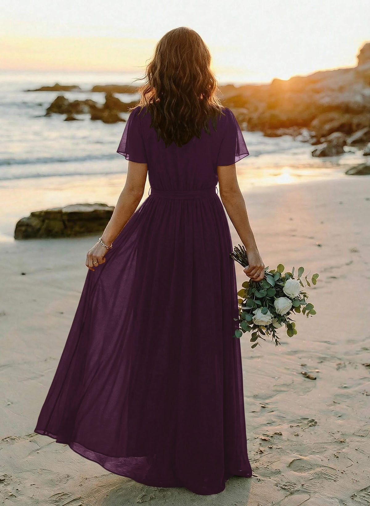 A-Line V-Neck Short Sleeves Chiffon Floor-Length Bridesmaid Dresses With Bow(s), product image 71