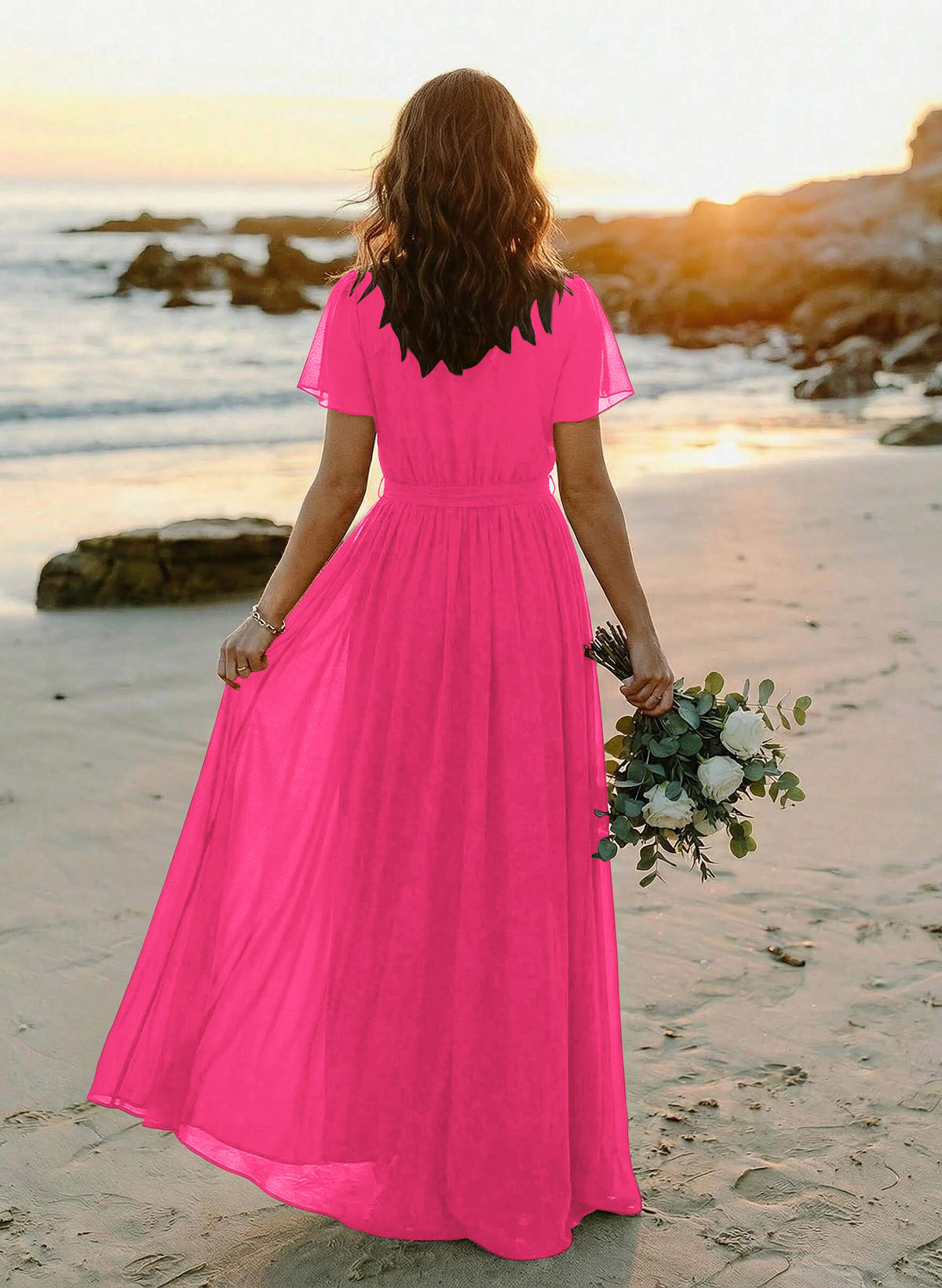A-Line V-Neck Short Sleeves Chiffon Floor-Length Bridesmaid Dresses With Bow(s), product image 75