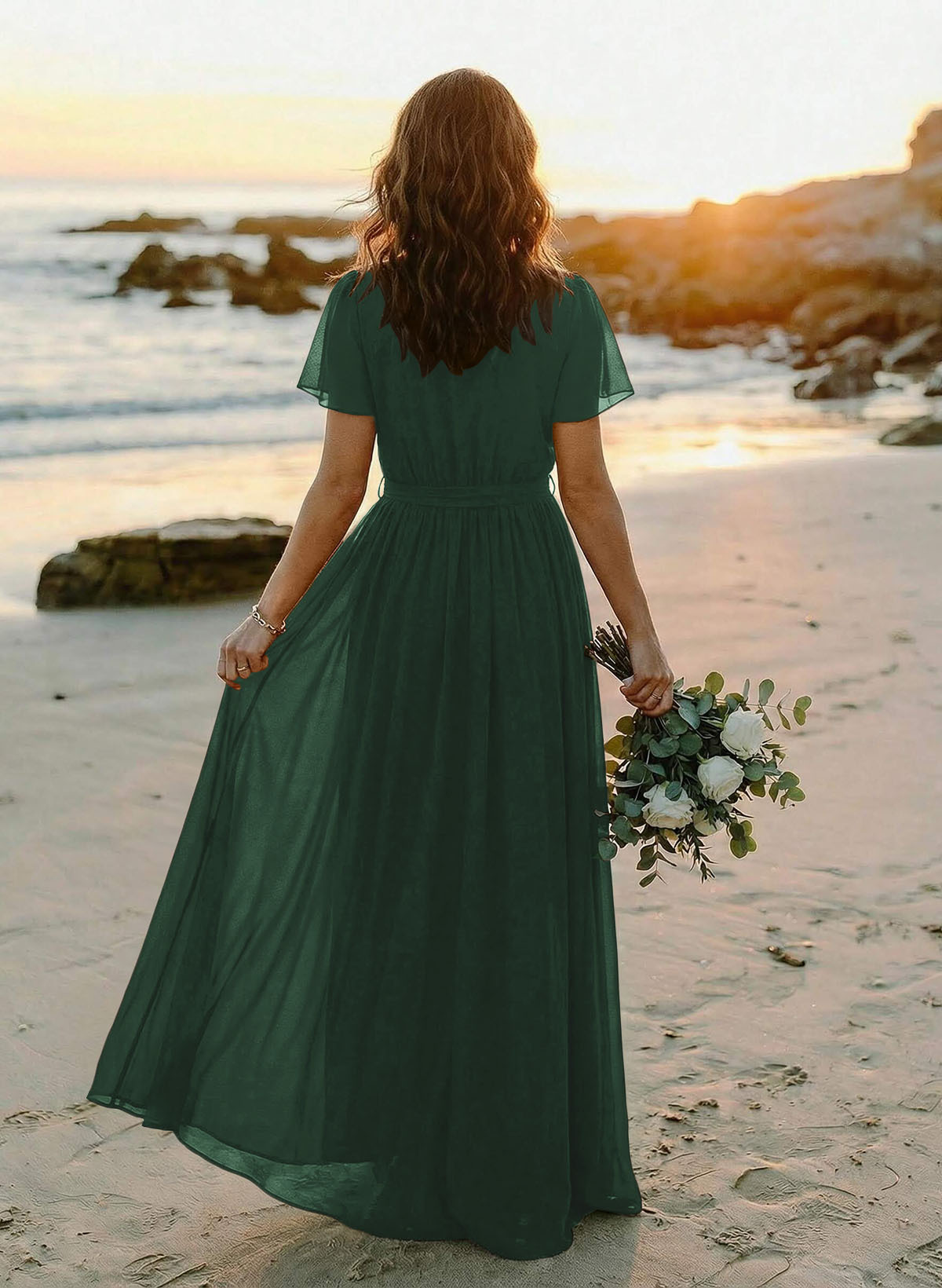 A-Line V-Neck Short Sleeves Chiffon Floor-Length Bridesmaid Dresses With Bow(s), product image 83