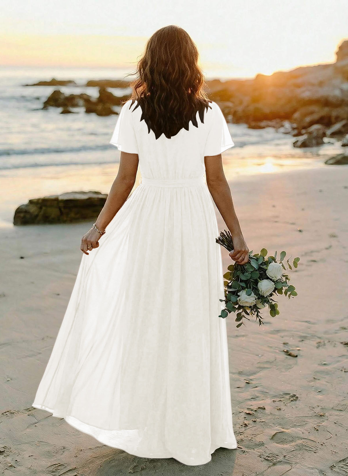 A-Line V-Neck Short Sleeves Chiffon Floor-Length Bridesmaid Dresses With Bow(s), product image 111