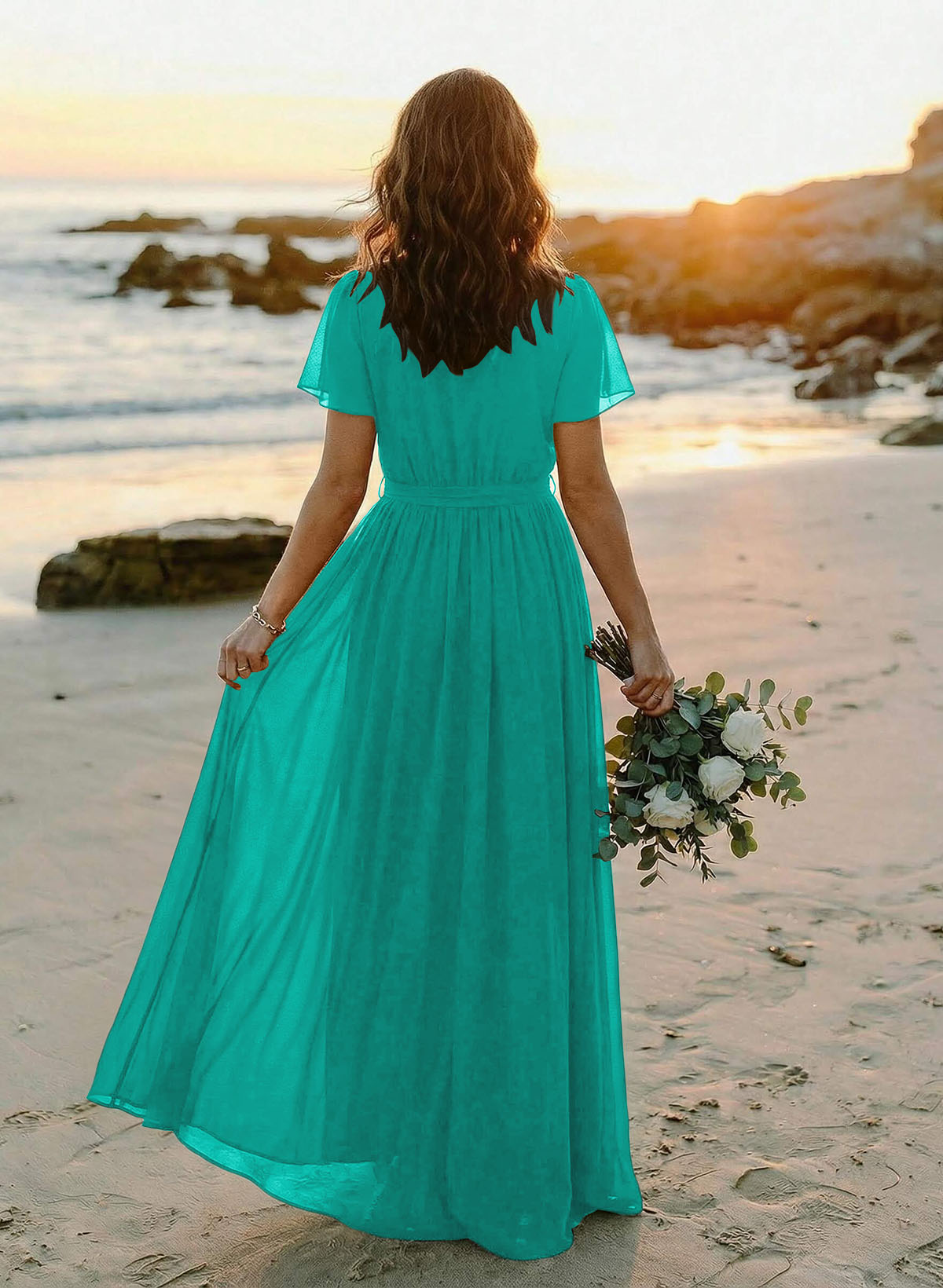 A-Line V-Neck Short Sleeves Chiffon Floor-Length Bridesmaid Dresses With Bow(s), product image 87