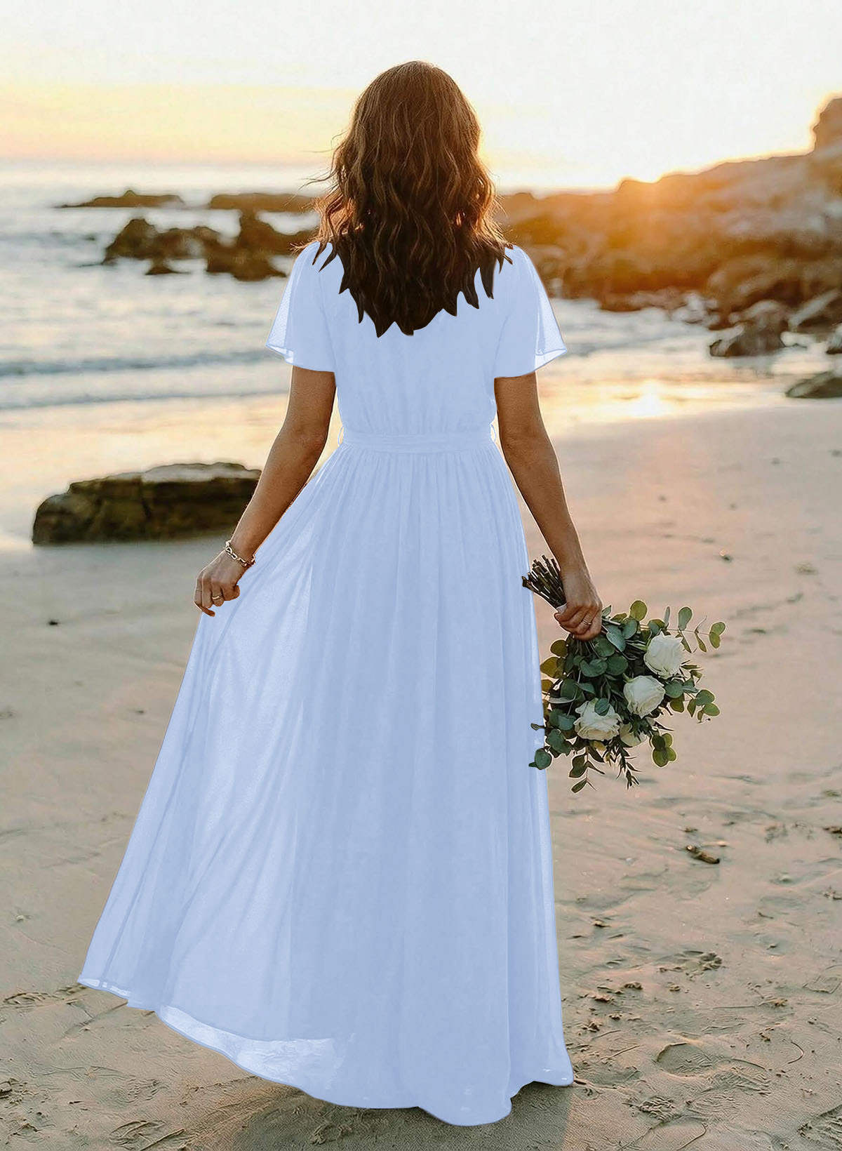 A-Line V-Neck Short Sleeves Chiffon Floor-Length Bridesmaid Dresses With Bow(s), product image 65