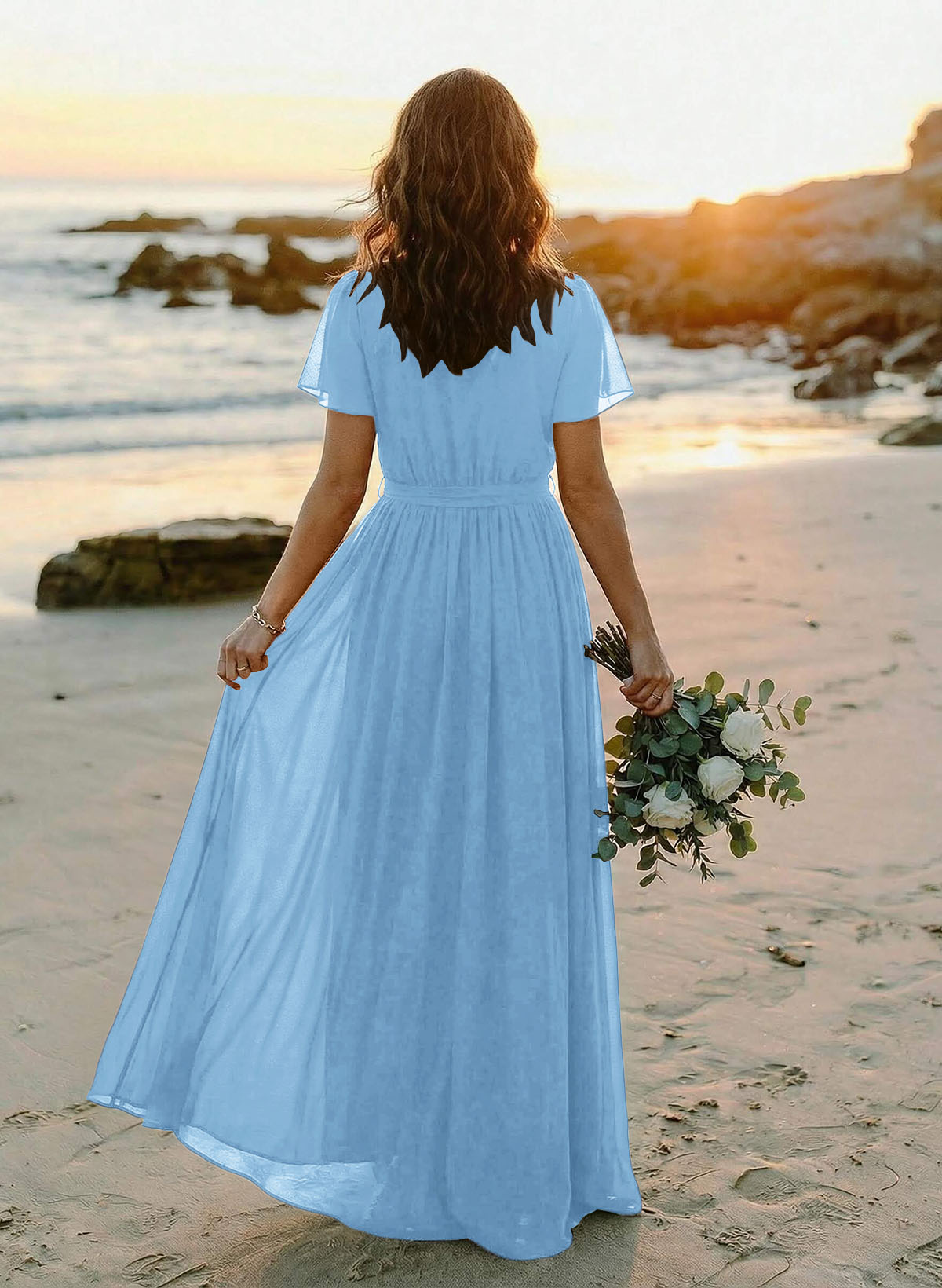 A-Line V-Neck Short Sleeves Chiffon Floor-Length Bridesmaid Dresses With Bow(s), product image 23