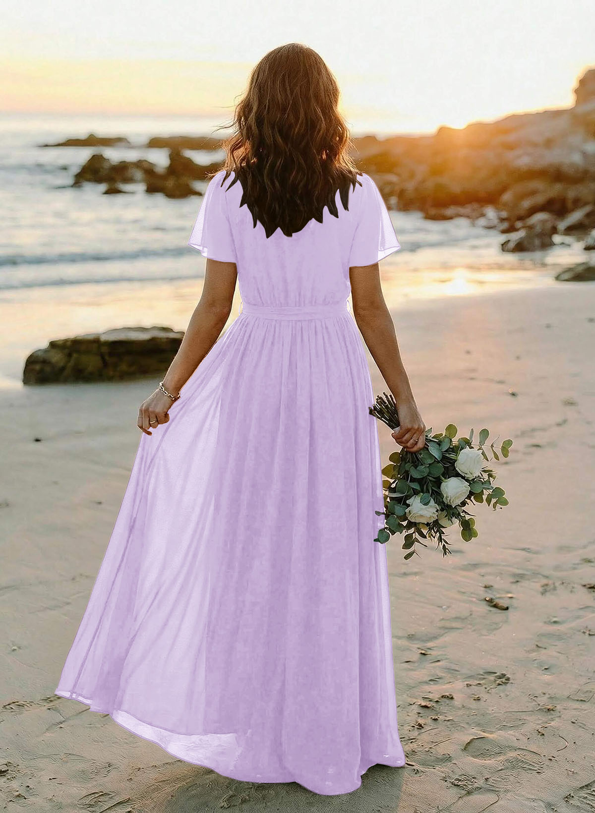 A-Line V-Neck Short Sleeves Chiffon Floor-Length Bridesmaid Dresses With Bow(s), product image 63