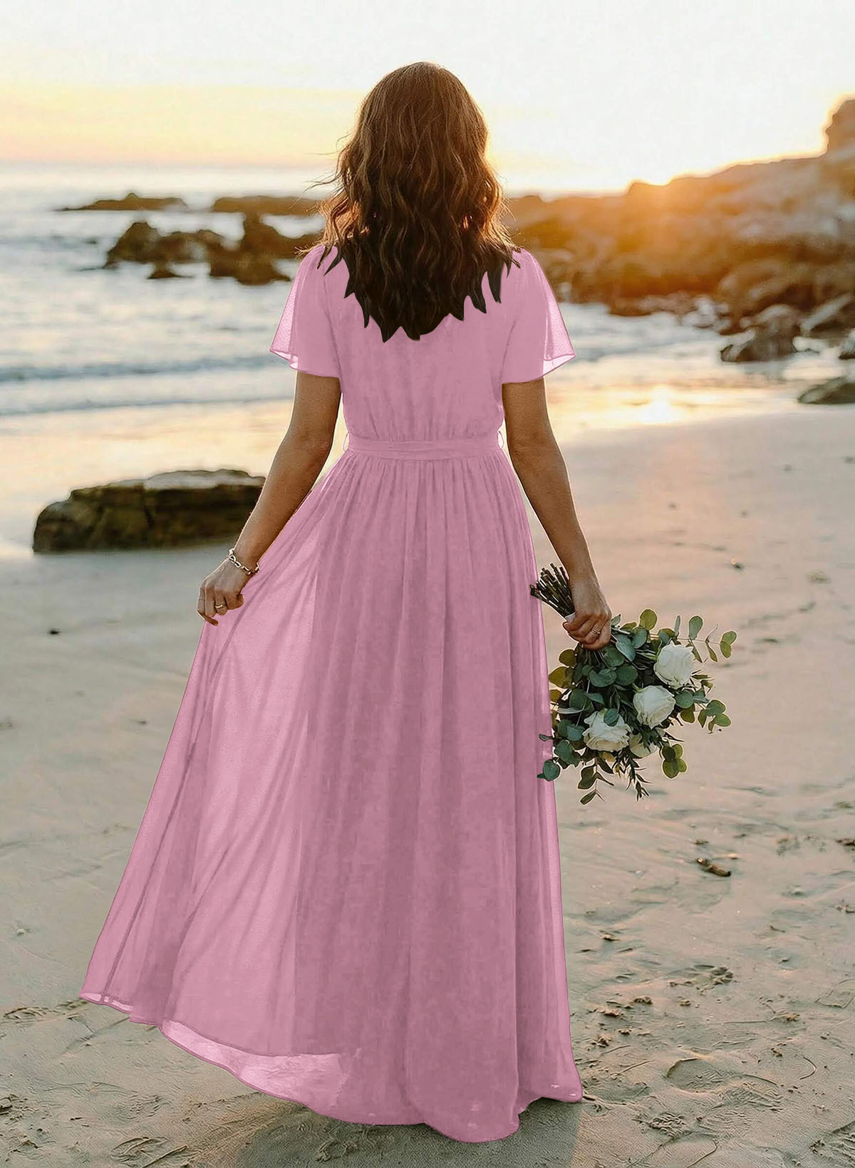A-Line V-Neck Short Sleeves Chiffon Floor-Length Bridesmaid Dresses With Bow(s), product image 61