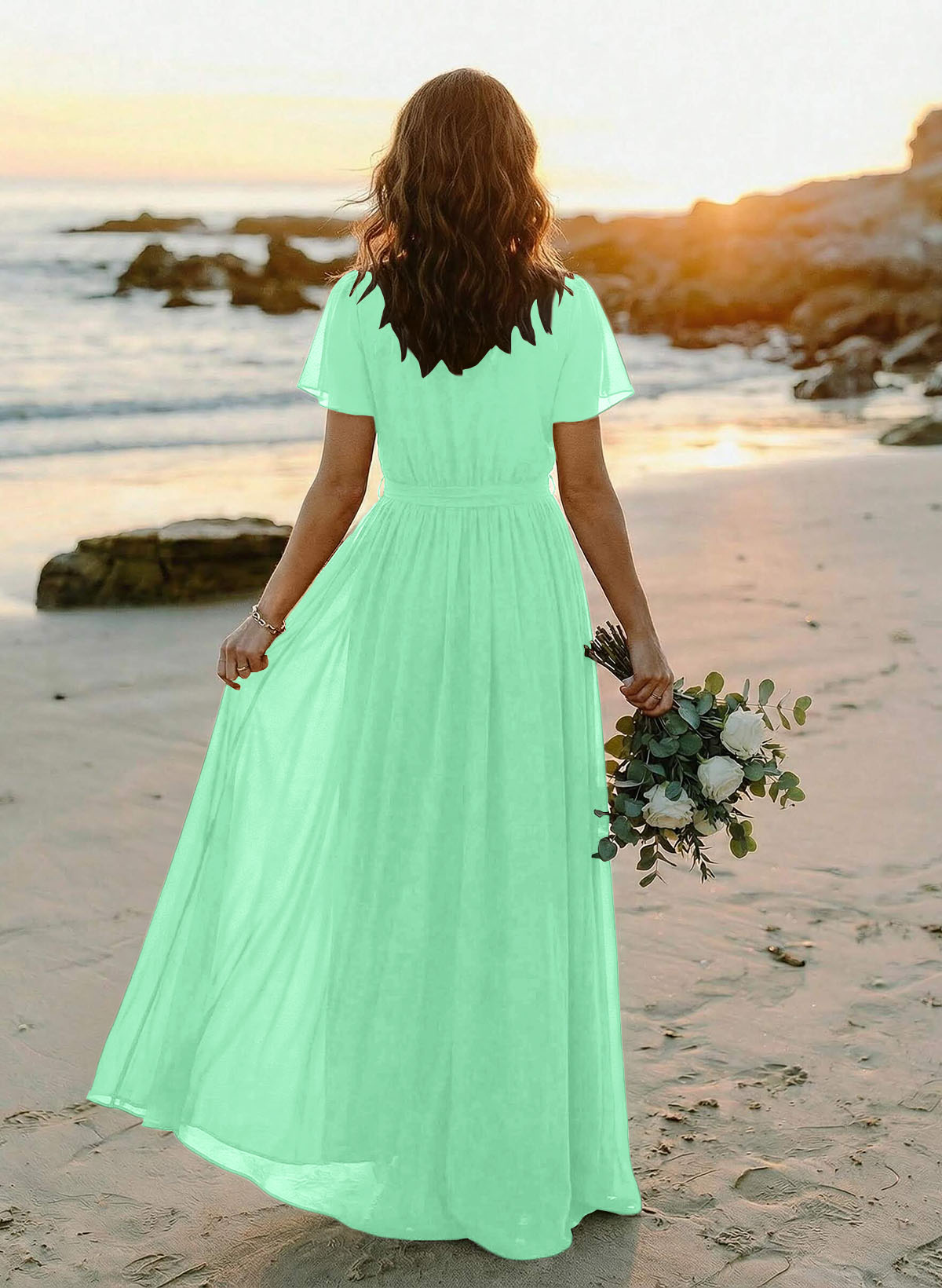 A-Line V-Neck Short Sleeves Chiffon Floor-Length Bridesmaid Dresses With Bow(s), product image 93