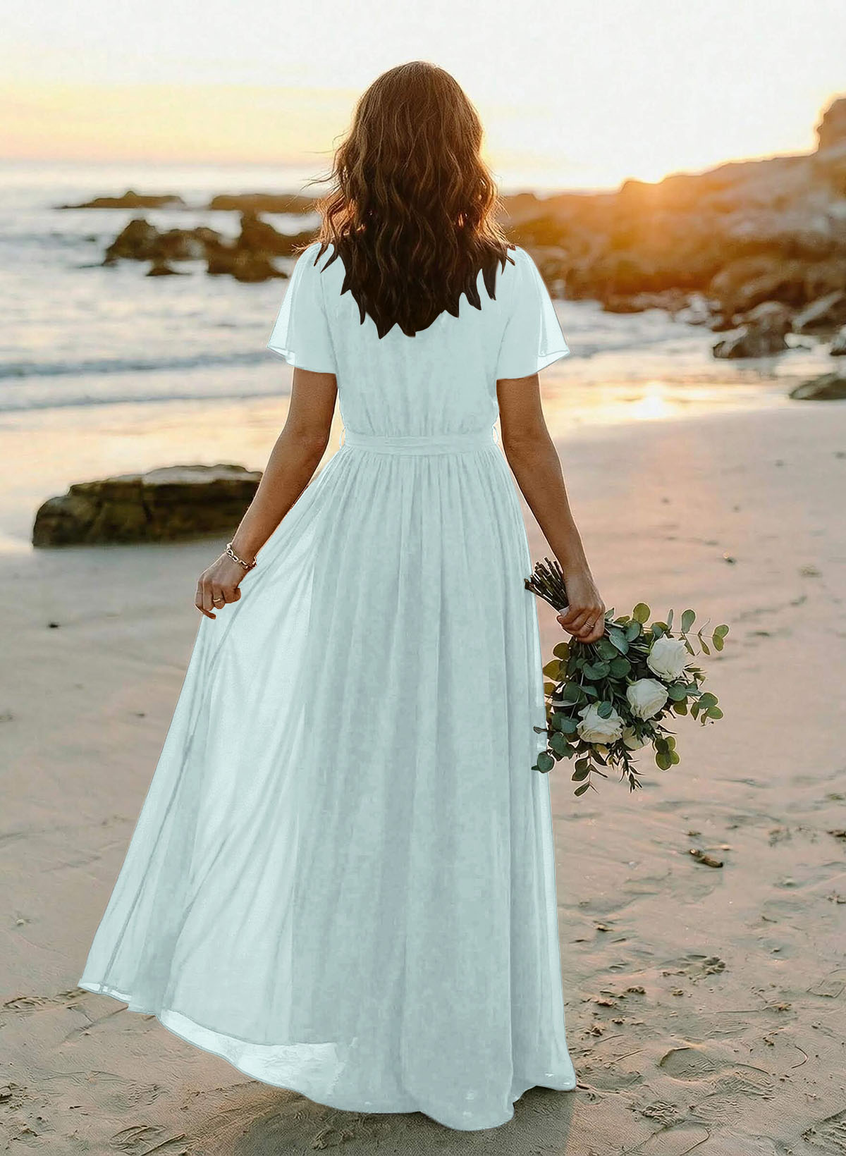 A-Line V-Neck Short Sleeves Chiffon Floor-Length Bridesmaid Dresses With Bow(s), product image 27