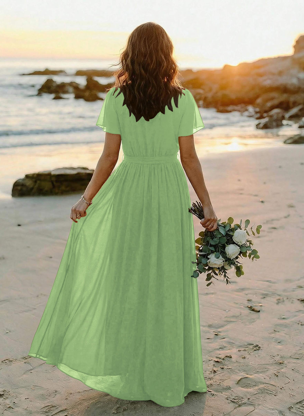 A-Line V-Neck Short Sleeves Chiffon Floor-Length Bridesmaid Dresses With Bow(s), product image 133