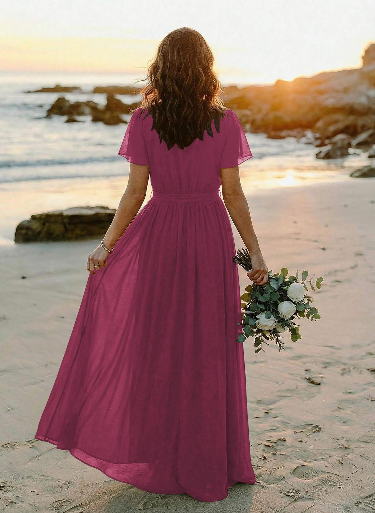 A-Line V-Neck Short Sleeves Chiffon Floor-Length Bridesmaid Dresses With Bow(s), product image 33