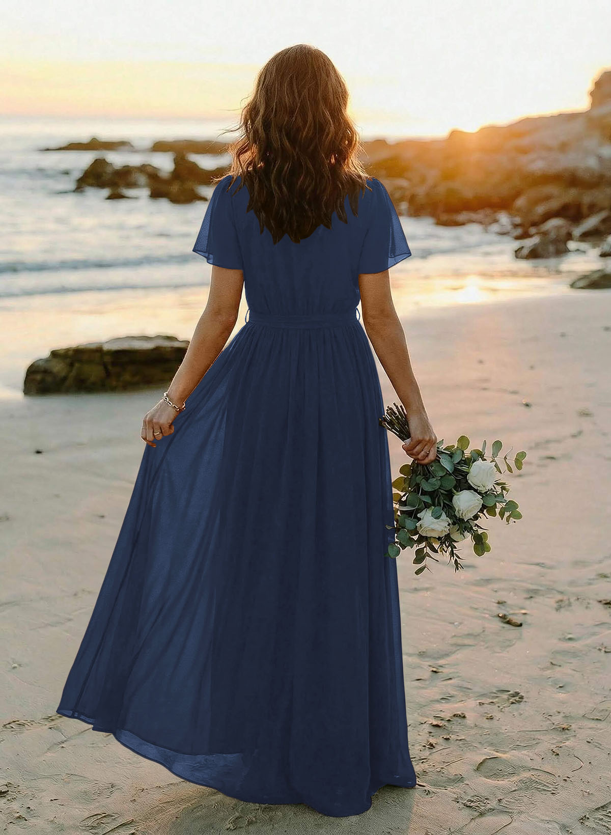 A-Line V-Neck Short Sleeves Chiffon Floor-Length Bridesmaid Dresses With Bow(s), product image 7