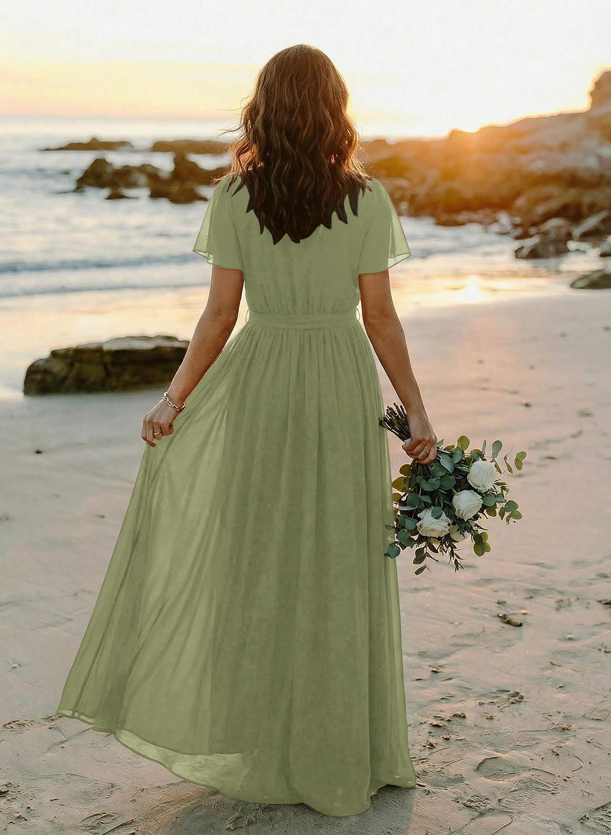 A-Line V-Neck Short Sleeves Chiffon Floor-Length Bridesmaid Dresses With Bow(s), product image 121