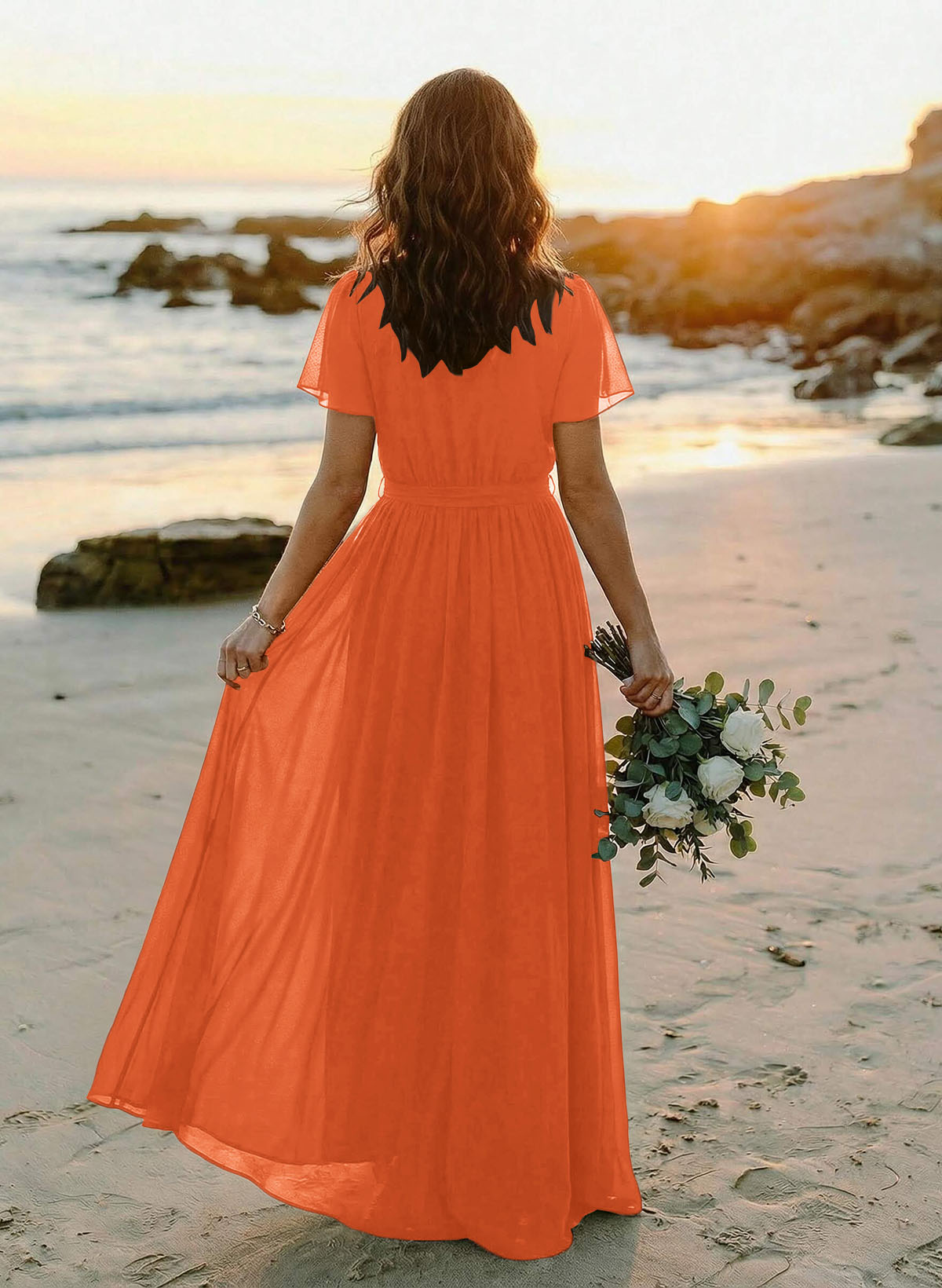 A-Line V-Neck Short Sleeves Chiffon Floor-Length Bridesmaid Dresses With Bow(s), product image 105