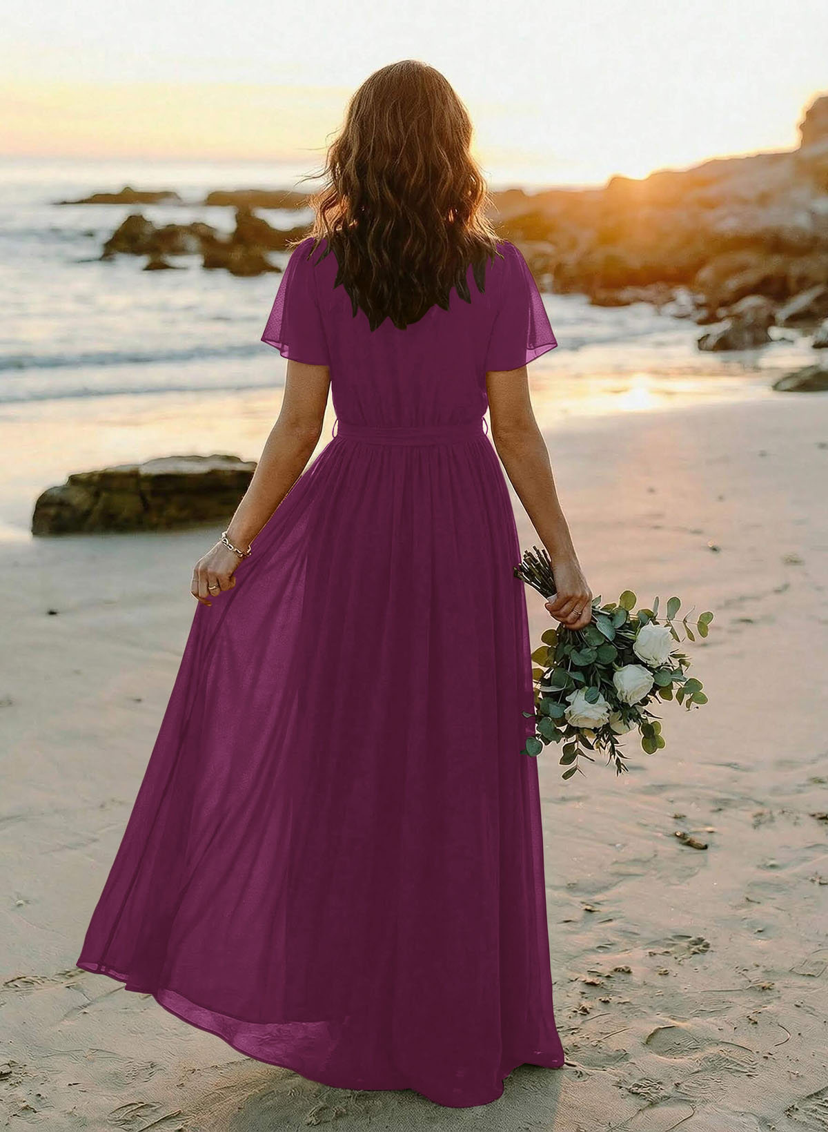 A-Line V-Neck Short Sleeves Chiffon Floor-Length Bridesmaid Dresses With Bow(s), product image 73