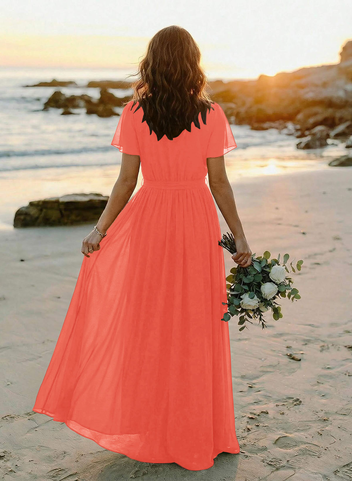 A-Line V-Neck Short Sleeves Chiffon Floor-Length Bridesmaid Dresses With Bow(s), product image 107