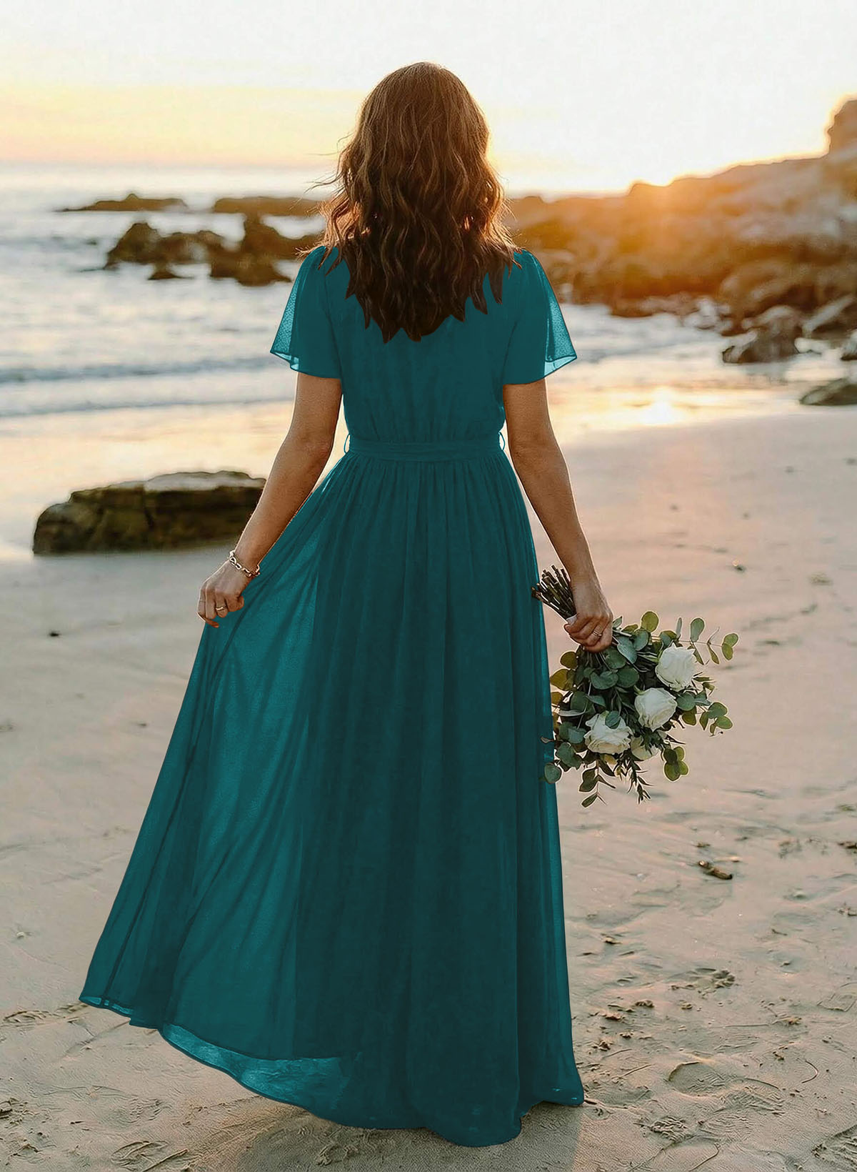 A-Line V-Neck Short Sleeves Chiffon Floor-Length Bridesmaid Dresses With Bow(s), product image 85