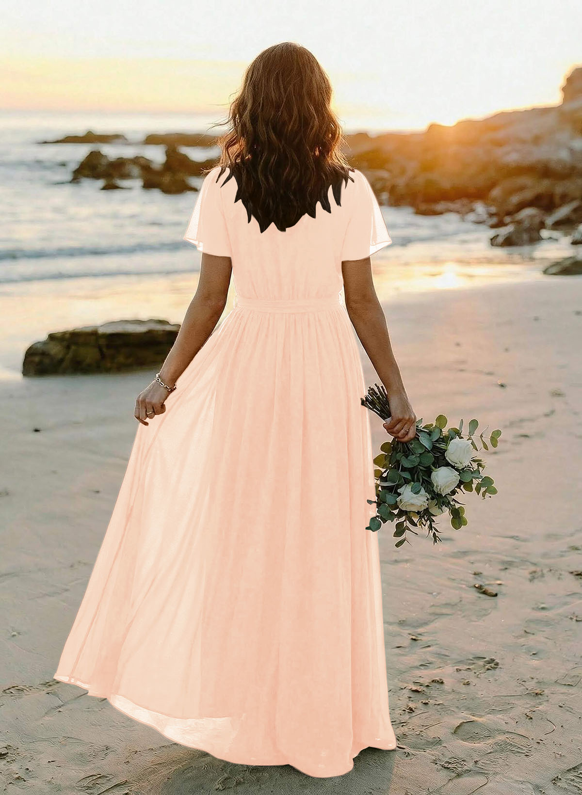 A-Line V-Neck Short Sleeves Chiffon Floor-Length Bridesmaid Dresses With Bow(s), product image 43