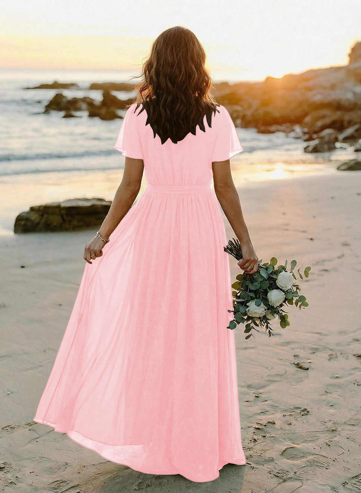 A-Line V-Neck Short Sleeves Chiffon Floor-Length Bridesmaid Dresses With Bow(s), product image 47