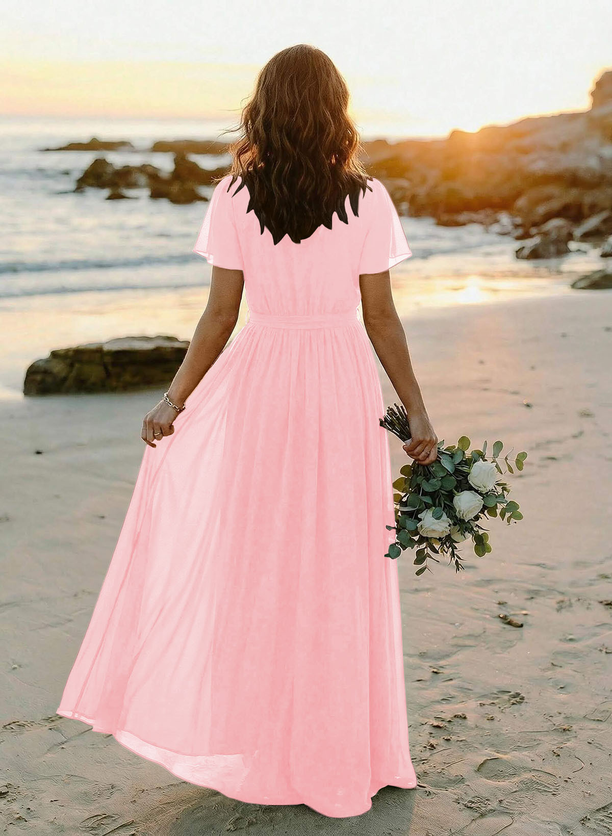 A-Line V-Neck Short Sleeves Chiffon Floor-Length Bridesmaid Dresses With Bow(s), product image 47