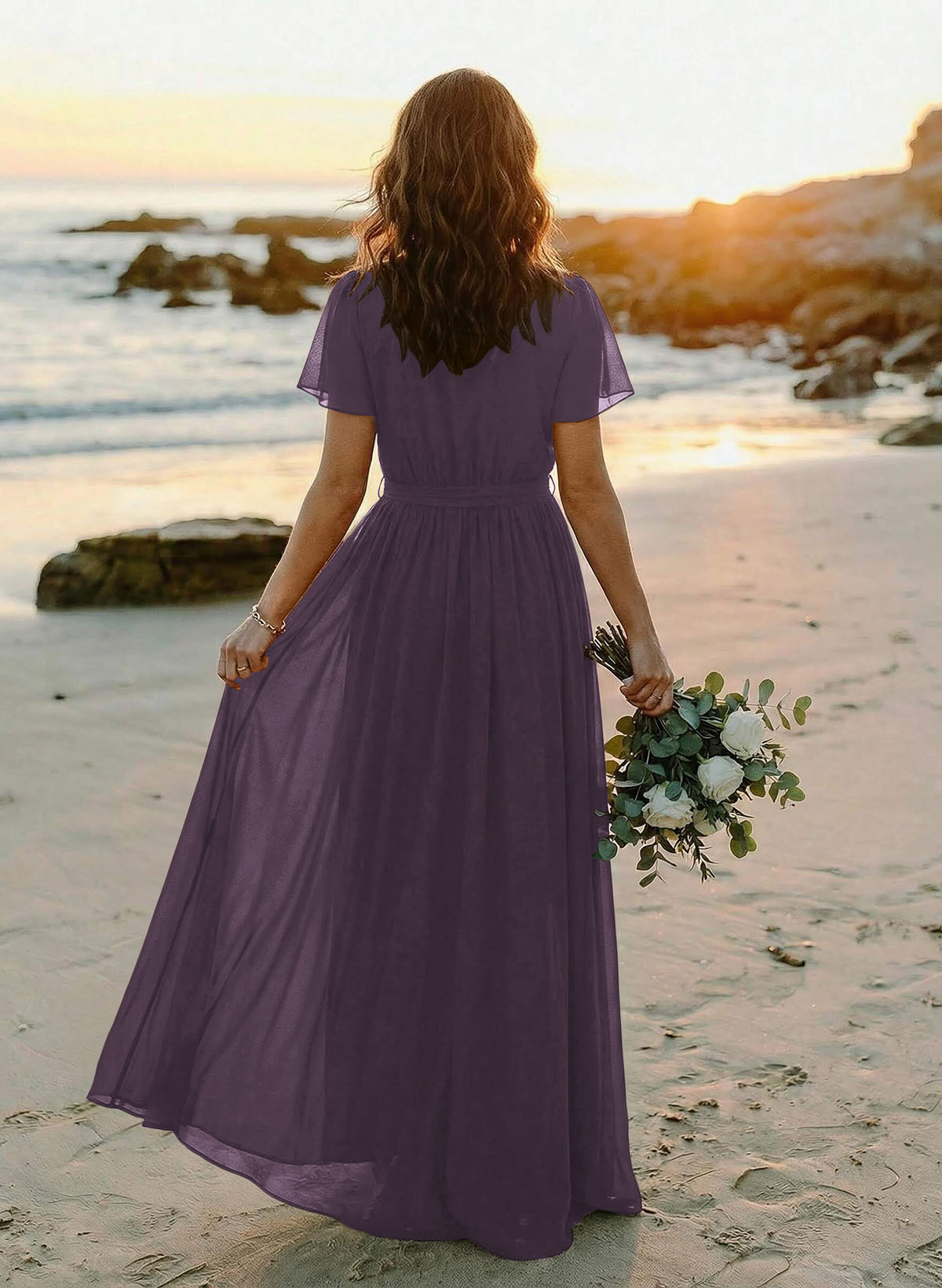 A-Line V-Neck Short Sleeves Chiffon Floor-Length Bridesmaid Dresses With Bow(s), product image 69