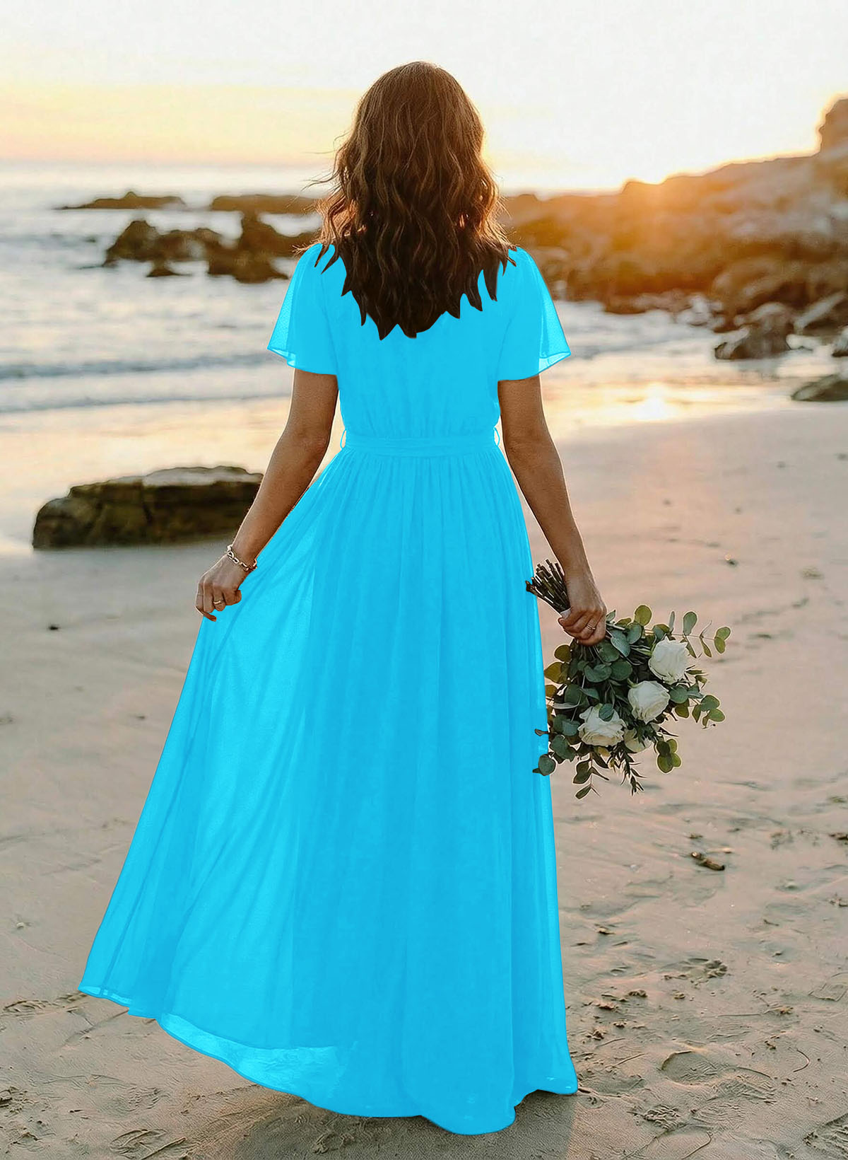 A-Line V-Neck Short Sleeves Chiffon Floor-Length Bridesmaid Dresses With Bow(s), product image 21