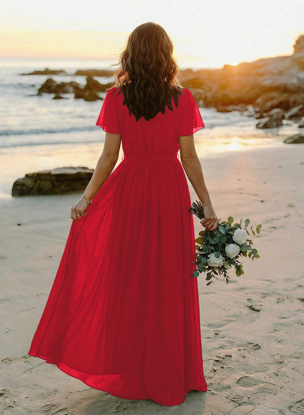 A-Line V-Neck Short Sleeves Chiffon Floor-Length Bridesmaid Dresses With Bow(s), product image 35