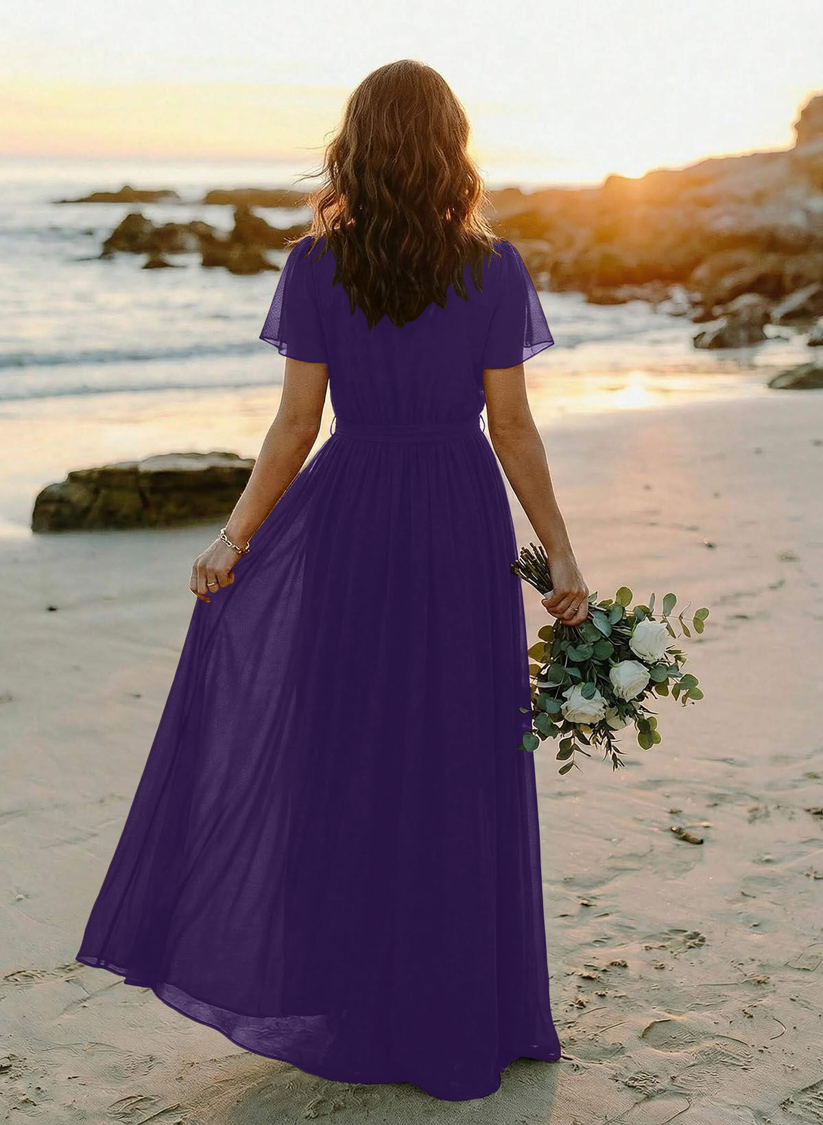 A-Line V-Neck Short Sleeves Chiffon Floor-Length Bridesmaid Dresses With Bow(s), product image 79