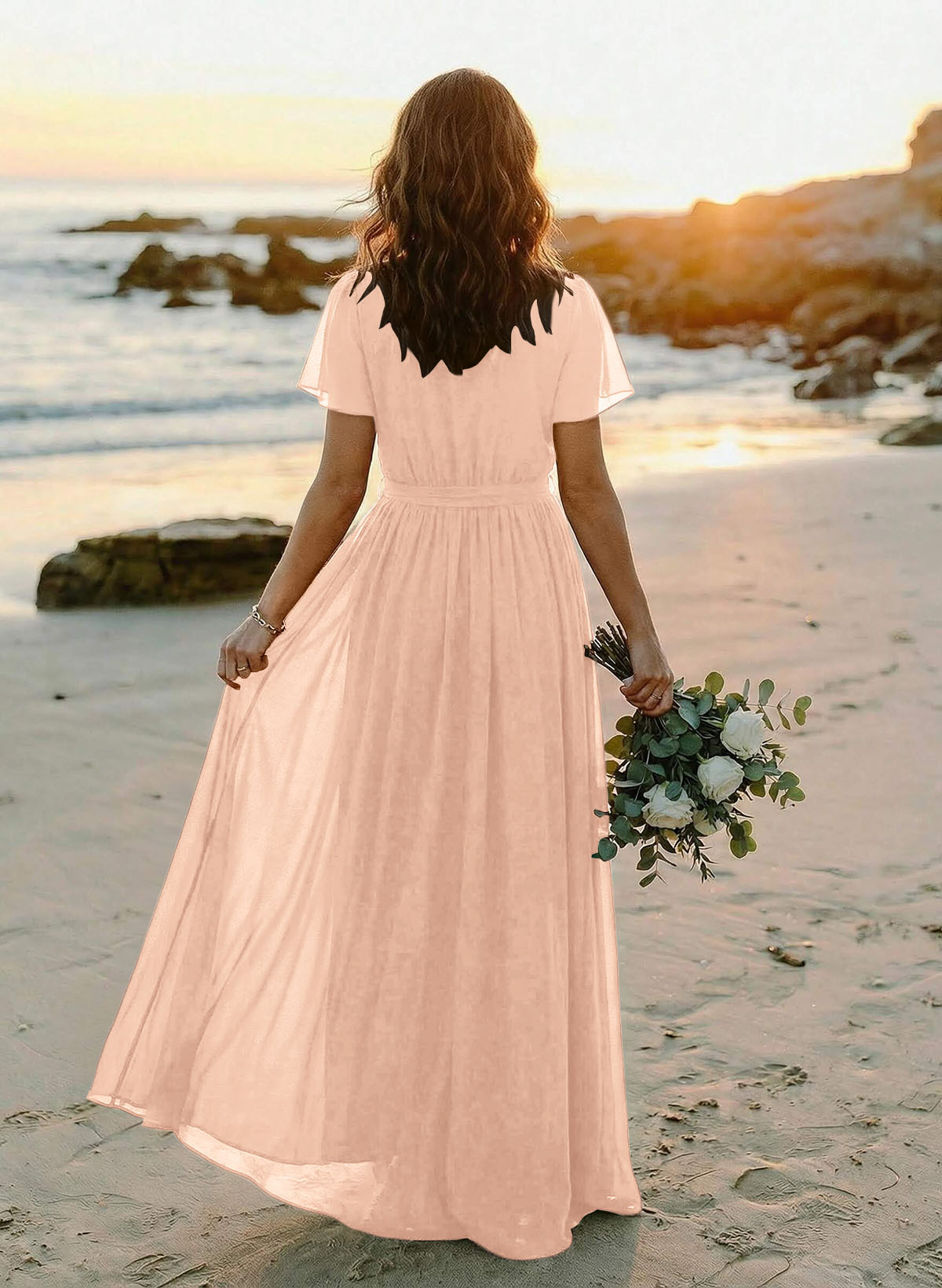 A-Line V-Neck Short Sleeves Chiffon Floor-Length Bridesmaid Dresses With Bow(s), product image 127