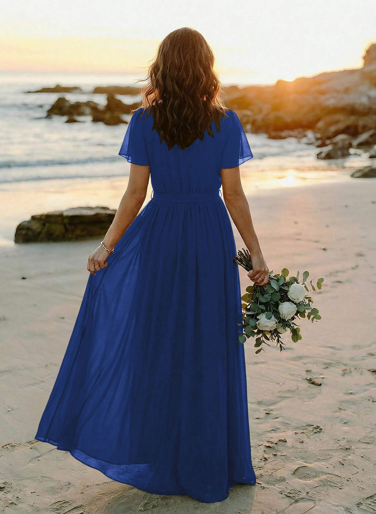 A-Line V-Neck Short Sleeves Chiffon Floor-Length Bridesmaid Dresses With Bow(s), product image 17