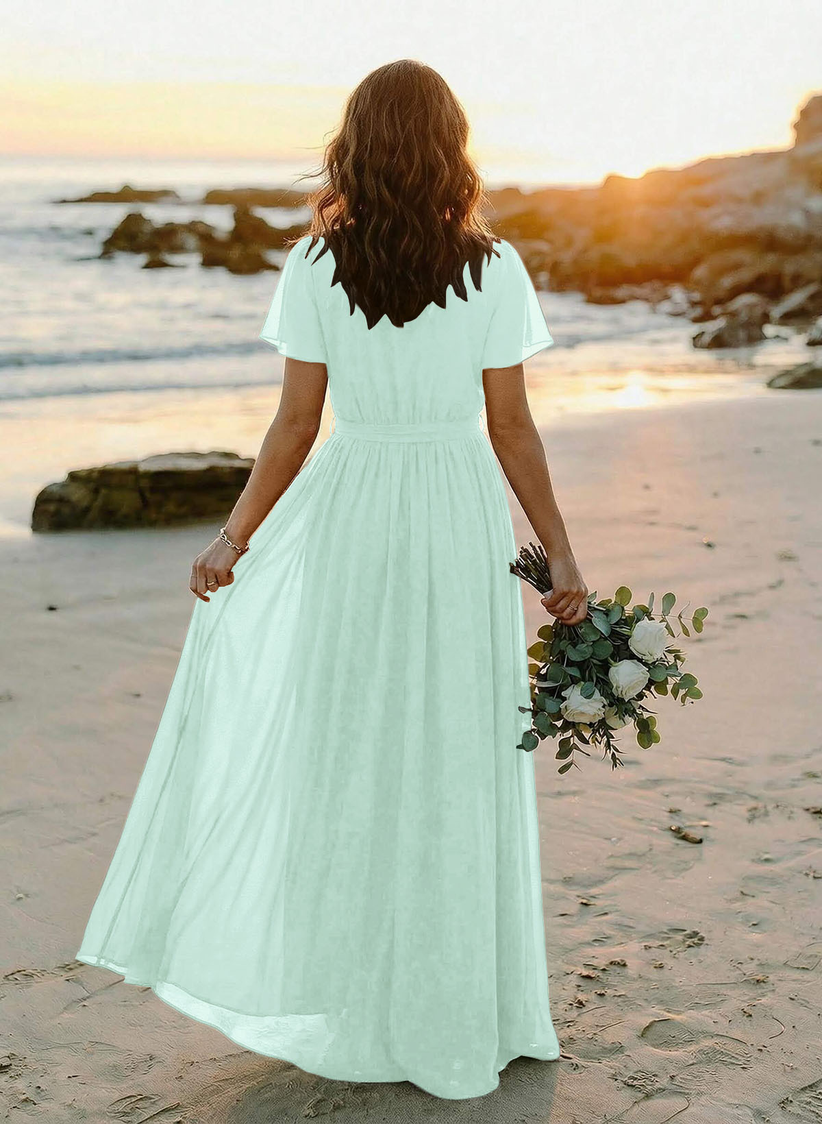 A-Line V-Neck Short Sleeves Chiffon Floor-Length Bridesmaid Dresses With Bow(s), product image 91