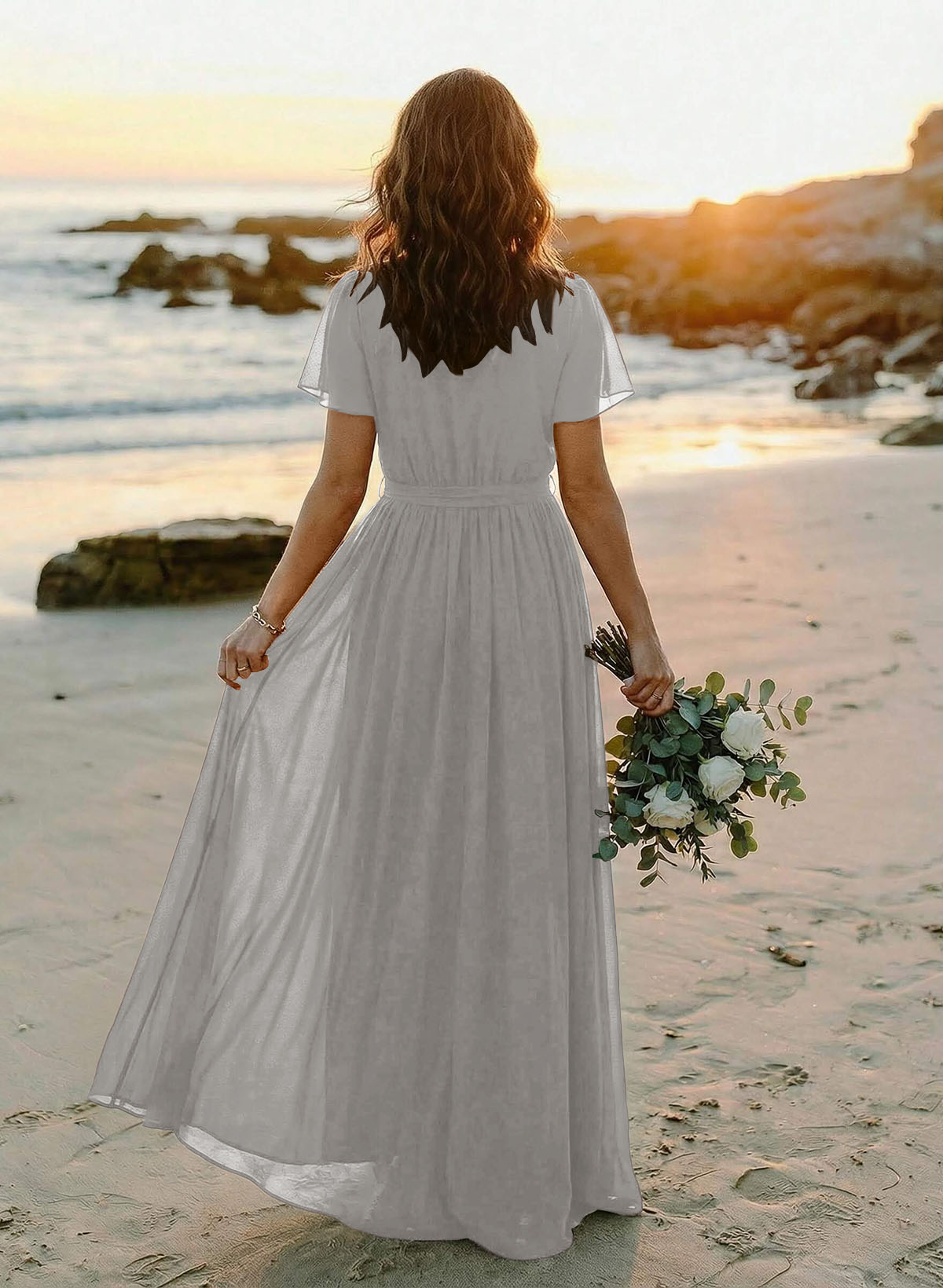 A-Line V-Neck Short Sleeves Chiffon Floor-Length Bridesmaid Dresses With Bow(s), product image 115