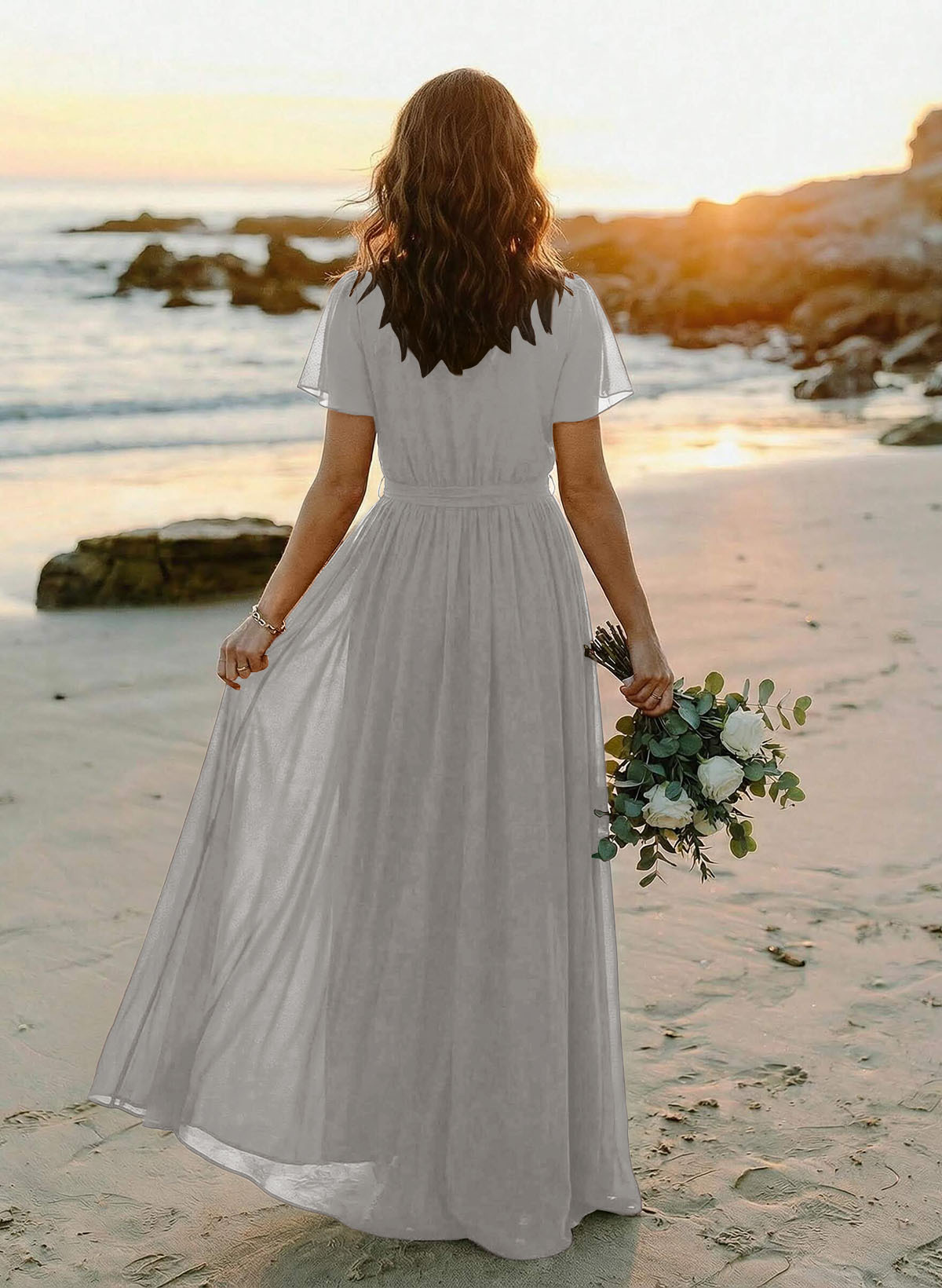 A-Line V-Neck Short Sleeves Chiffon Floor-Length Bridesmaid Dresses With Bow(s), product image 115