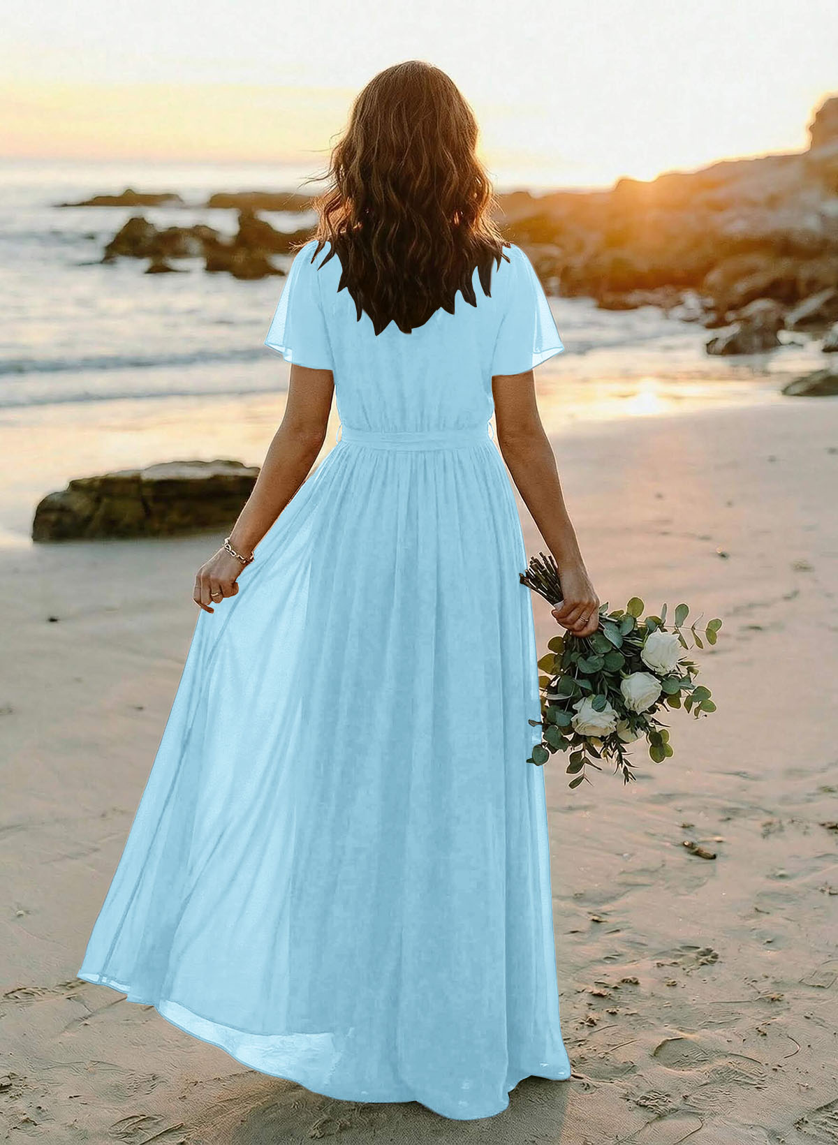 A-Line V-Neck Short Sleeves Chiffon Floor-Length Bridesmaid Dresses With Bow(s), product image 25